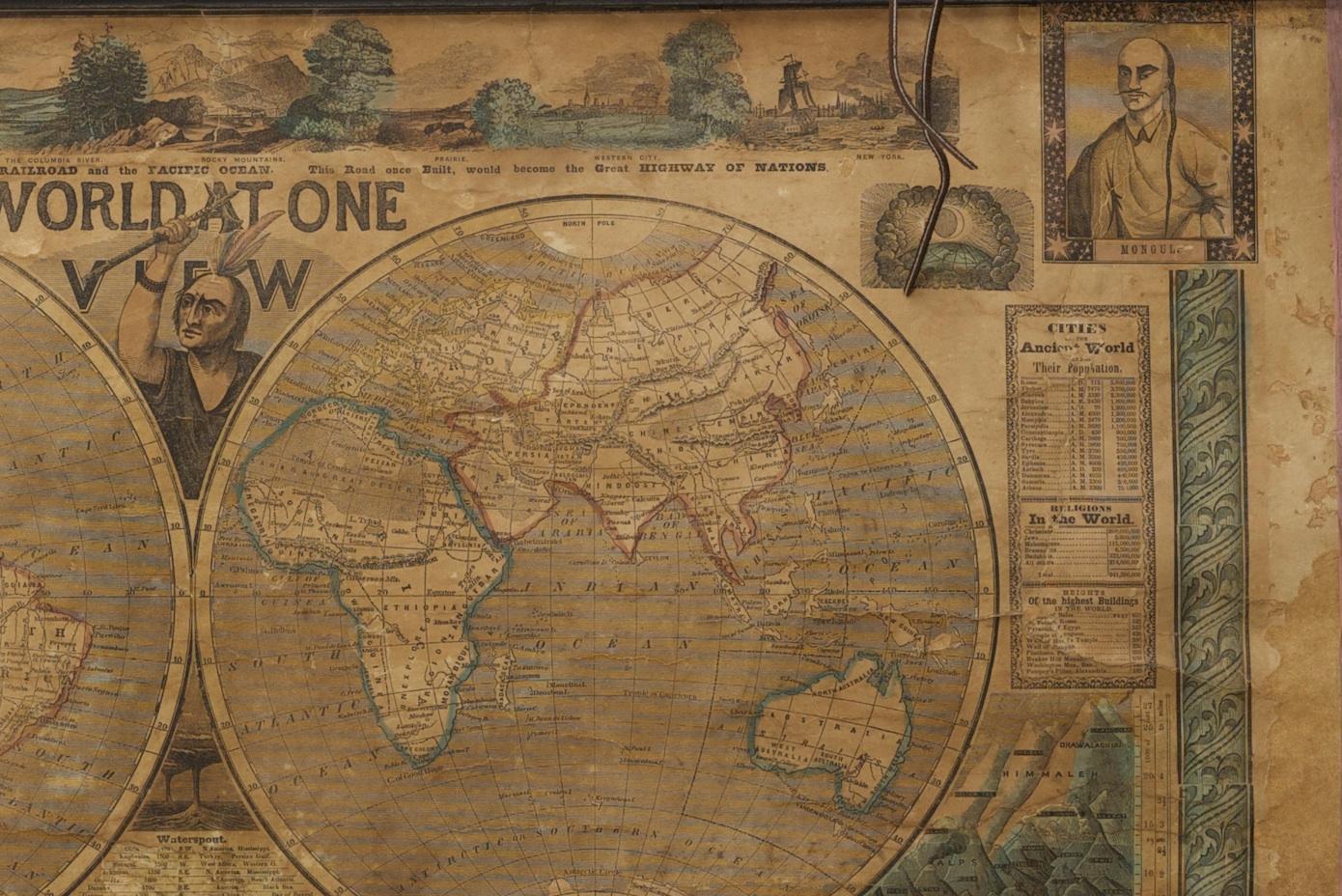 XIXe siècle Carte murale ancienne colorée à la main du monde, World at One View, 1847