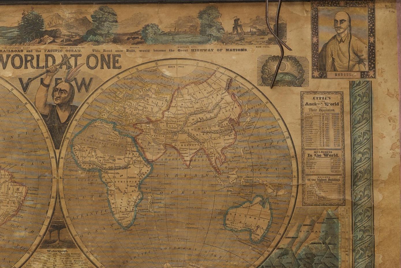 1847 „ World at One View“ Antike handkolorierte Wandkarte der Welt, 1847 (19. Jahrhundert) im Angebot