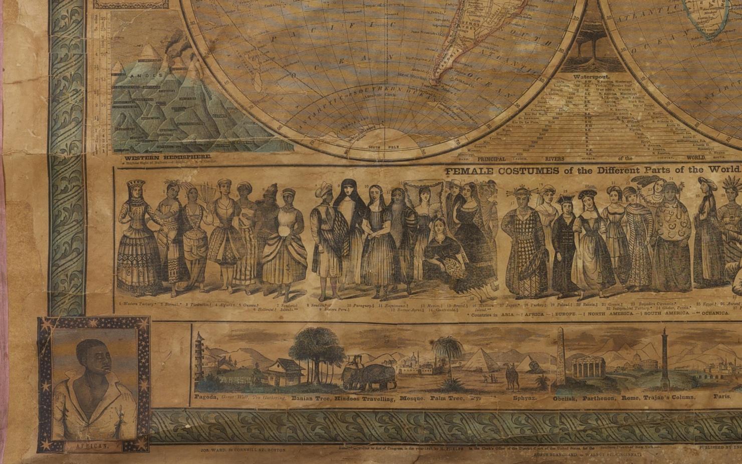 1847 „ World at One View“ Antike handkolorierte Wandkarte der Welt, 1847 (Papier) im Angebot