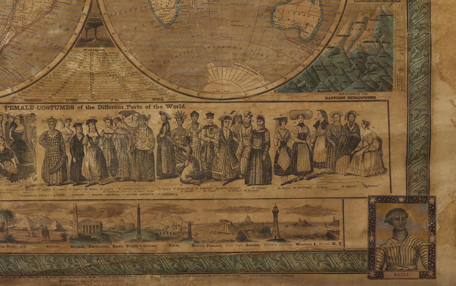 Carte murale ancienne colorée à la main du monde, World at One View, 1847 en vente 1