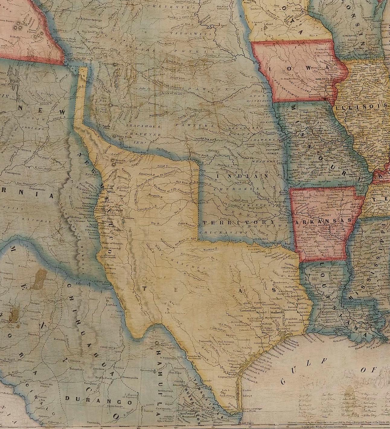 Offered is a scarce map of the United States and Mexico by Ensign and Thayer, dating to 1848. This pictorial map features a unique view of the U.S. with exquisite hand-coloring and well-defined territory borders. The map is one of the few to