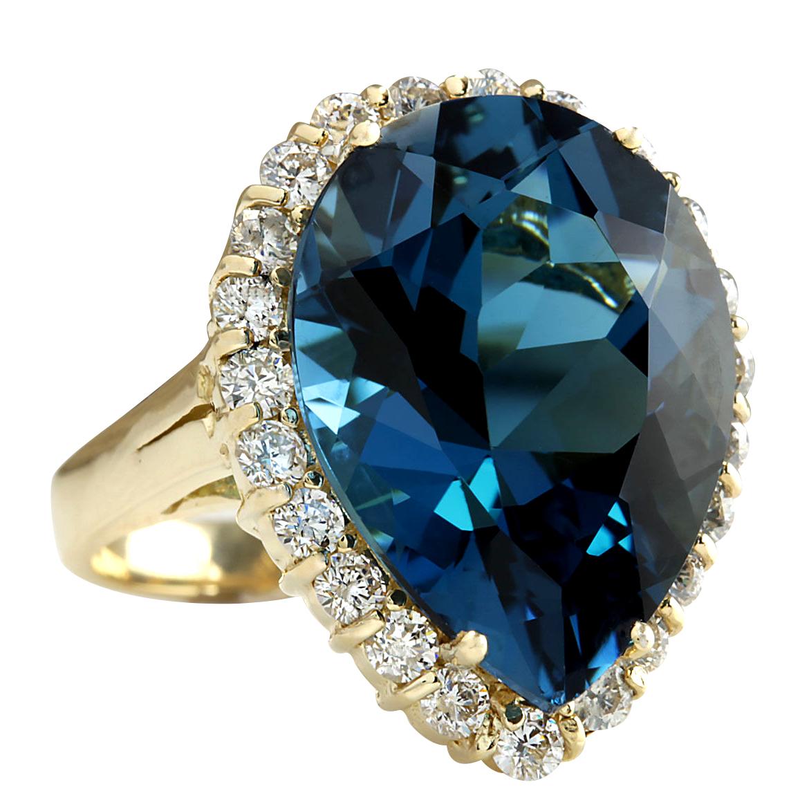 18.48 Carat Natural Topaz 14 Karat Yellow Gold Diamond Ring
Stamped: 14K Yellow Gold
Total Ring Weight: 8.0 Grams
Total Natural Topaz Weight is 17.28 Carat (Measures: 20.00x15.00 mm)
Color: London Blue
Total Natural Diamond Weight is 1.20
