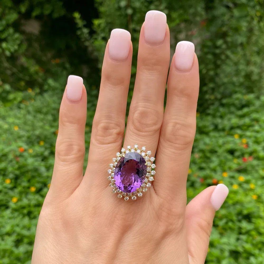 Modernist 18.48 Carat Oval Amethyst and Diamond Gold Statement Vintage Cocktail Ring For Sale