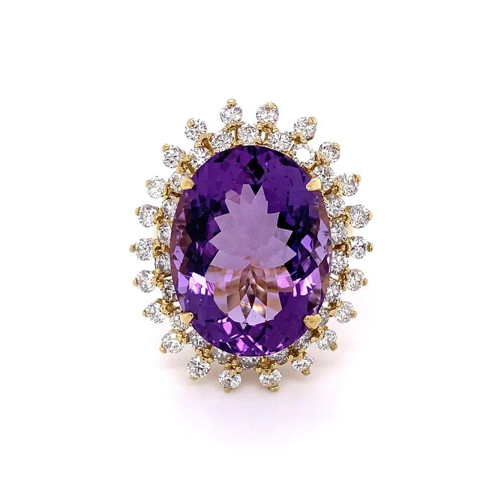 18.48 Carat Oval Amethyst and Diamond Gold Statement Vintage Cocktail Ring For Sale 1