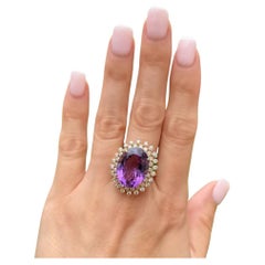 18.48 Carat Oval Amethyst and Diamond Gold Statement Vintage Cocktail Ring