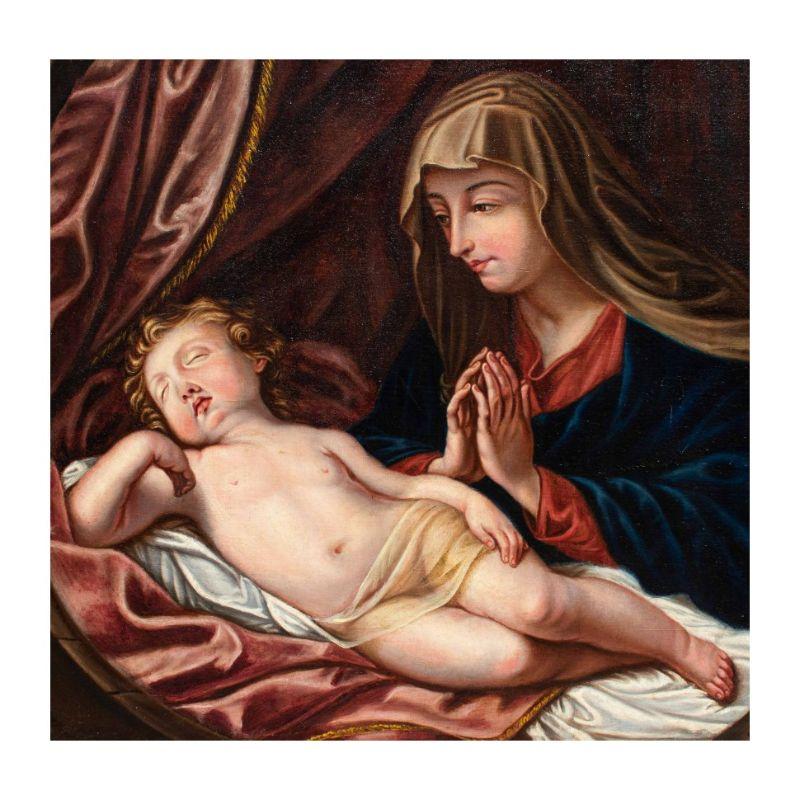 Baroque Revival 1848 Madonna Adoring The Sleeping Child Painting Oil on Canvas by Adele Pinot For Sale