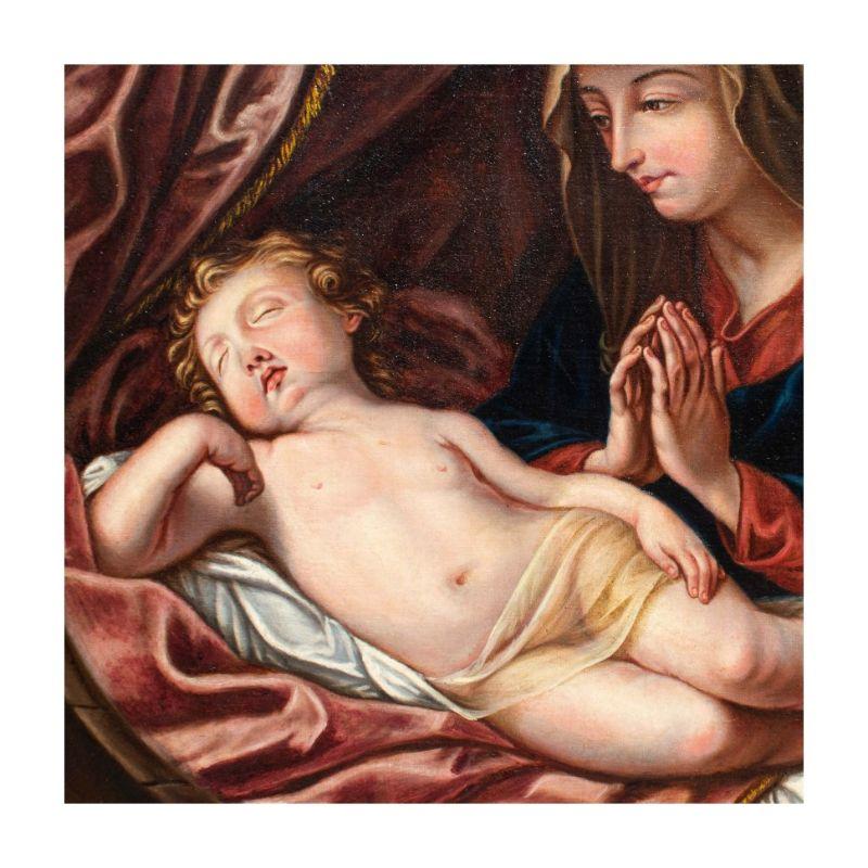 Italian 1848 Madonna Adoring The Sleeping Child Painting Oil on Canvas by Adele Pinot For Sale
