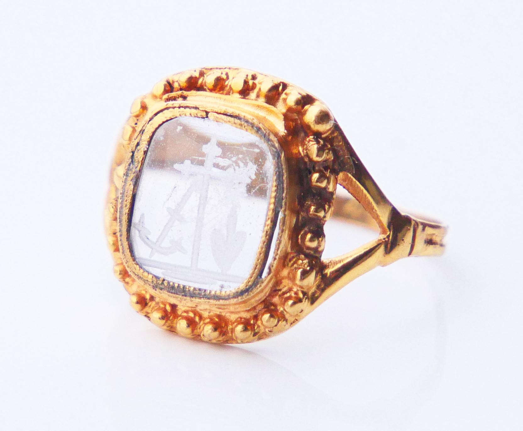 1848 Ring Signet Intaglio Faith Love Hope Glass 18K Gold US4.5 / 2.35 gr For Sale 6