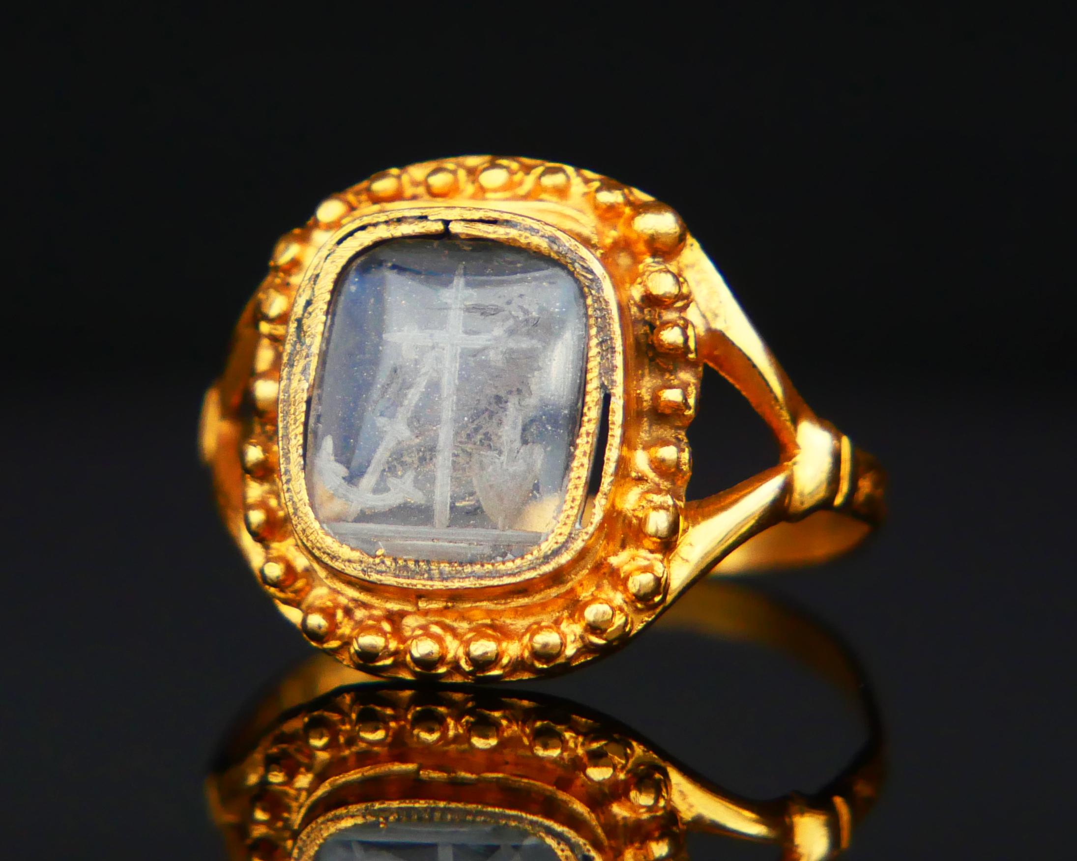 Women's 1848 Ring Signet Intaglio Faith Love Hope Glass 18K Gold US4.5 / 2.35 gr