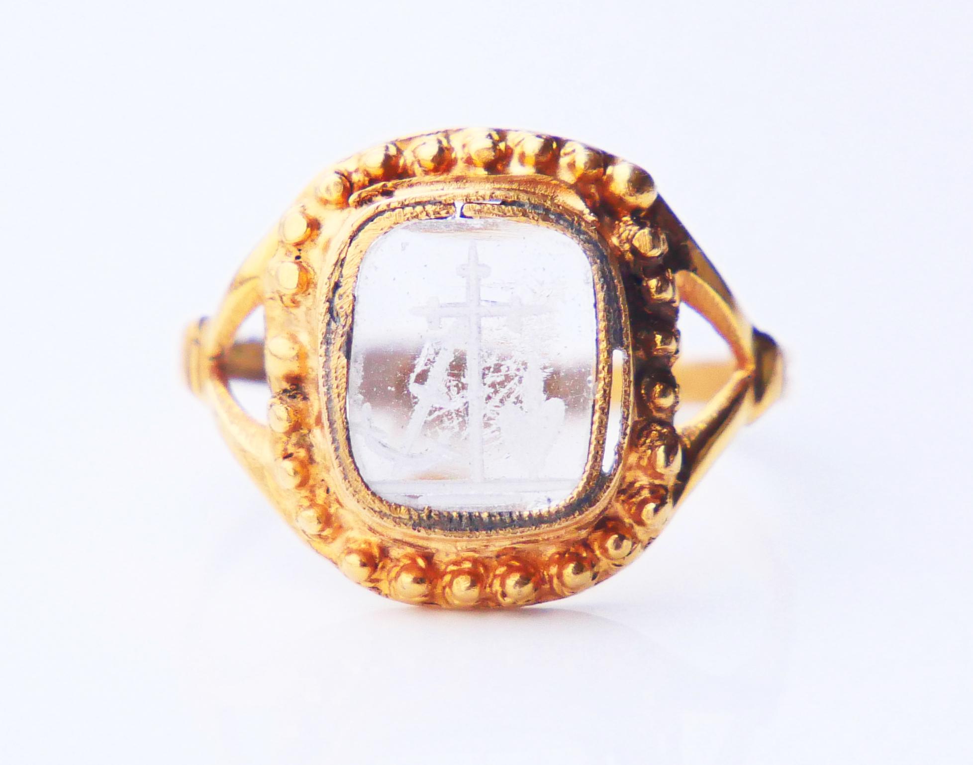1848 Ring Signet Intaglio Faith Love Hope Glass 18K Gold US4.5 / 2.35 gr For Sale 5