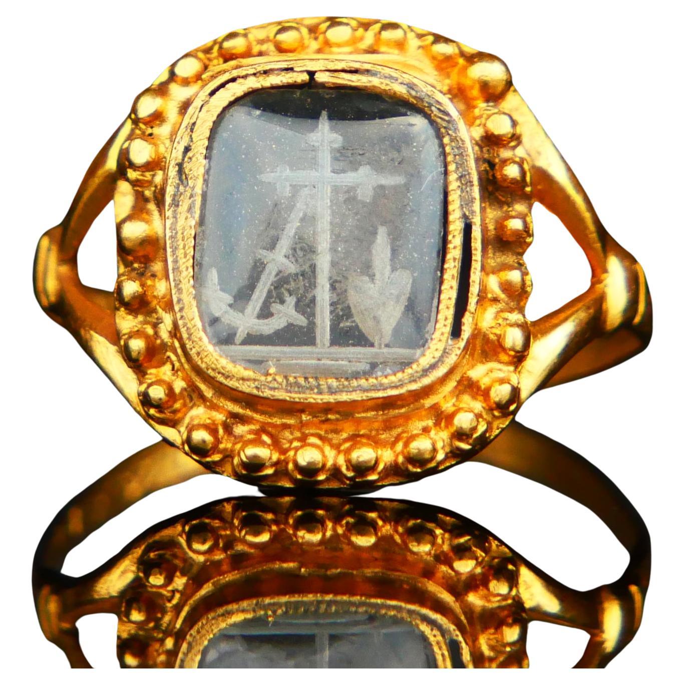 1848 Bague Signet Intaglio Foi Amour Espérance Verre Or 18K US4.5 / 2.35 gr en vente