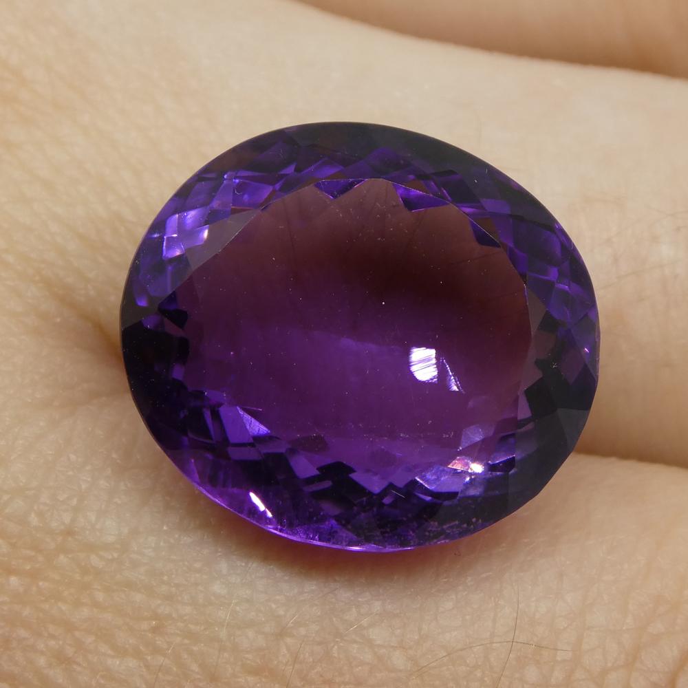 Description:

Gem Type: Amethyst
Number of Stones: 1
Weight: 18.49 cts
Measurements: 17.10x15.20x10.10 mm
Shape: Oval
Cutting Style Crown: Modified Brilliant
Cutting Style Pavilion: Modified Brilliant
Transparency: Transparent
Clarity: Very Slightly