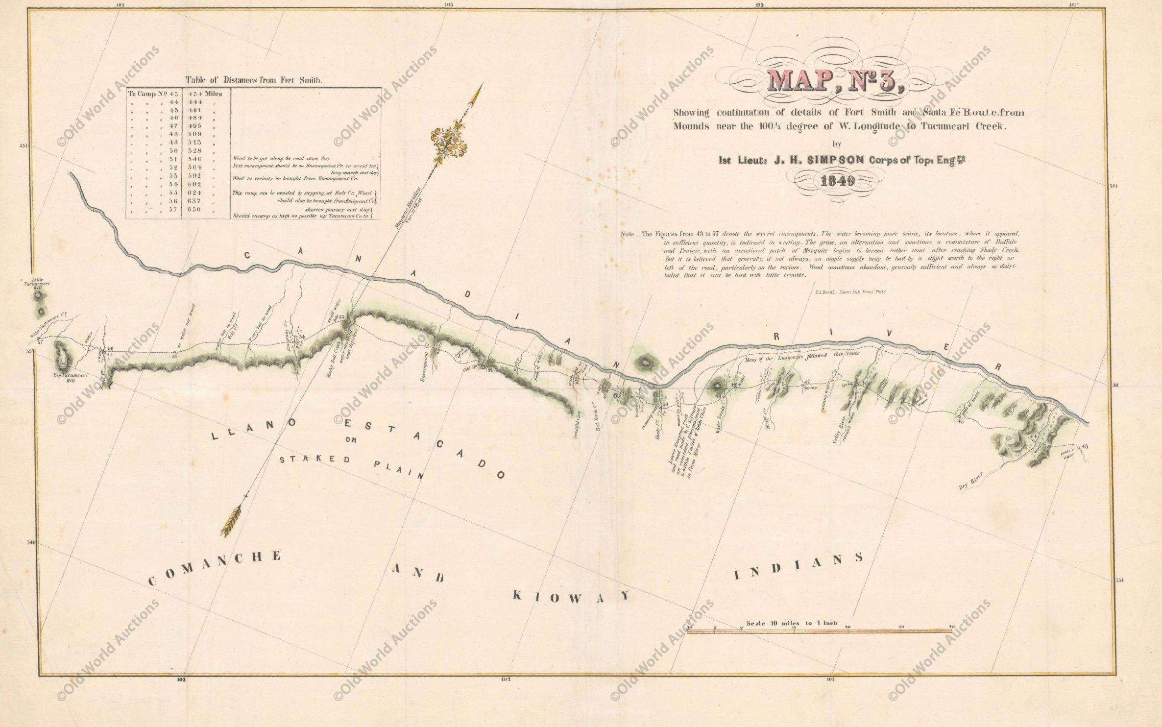 Map Title: Map, No. 3, Showing Continuation of Details of Fort Smith and Santa Fe Route, from Mounds Near the 100½ Degree of W. Longitude to Tucumcari Creek  

Cartographer: James H. Simpson (Lt. Col.)  
Subject: Oklahoma & Texas, Canadian River 