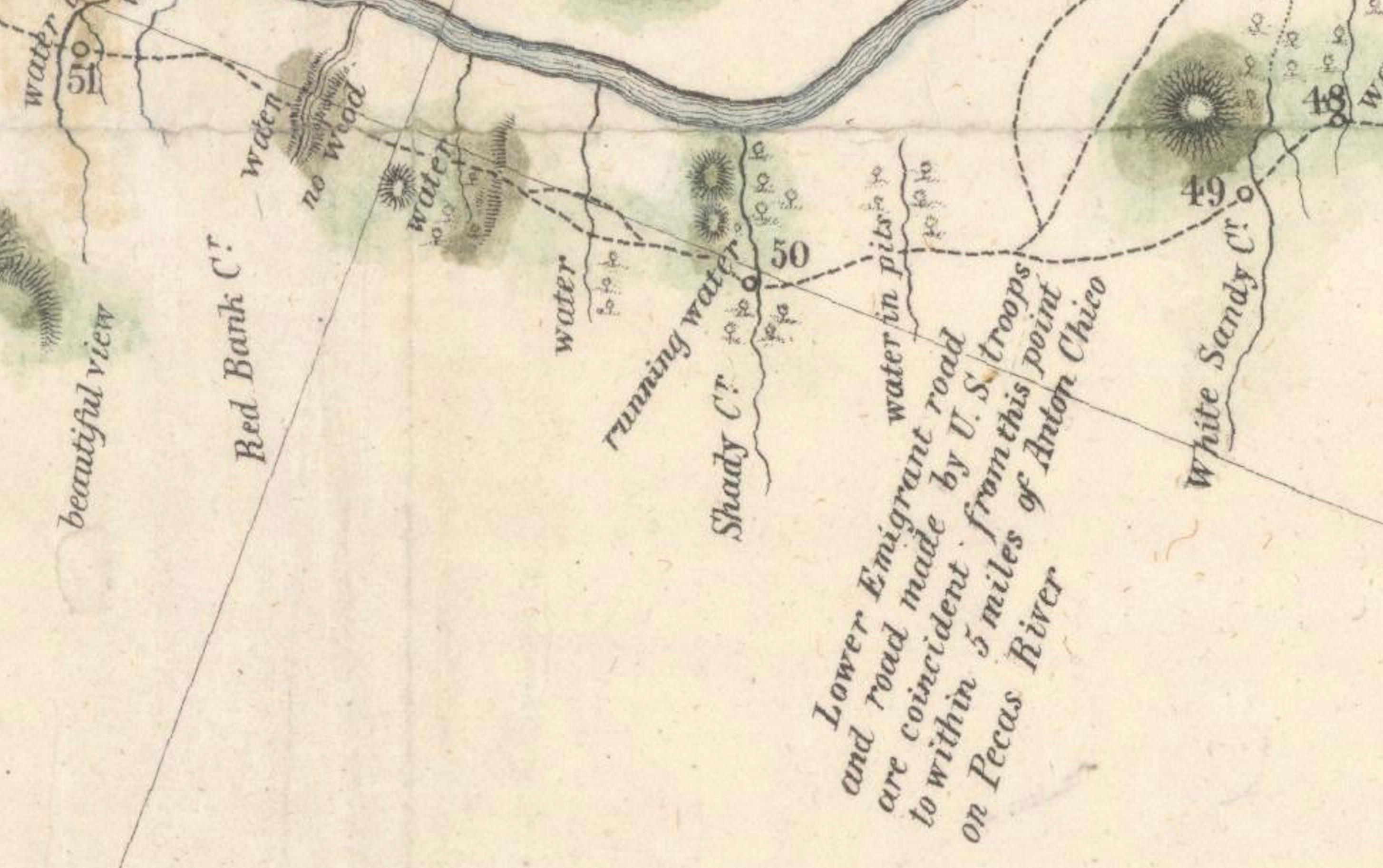 1849 Hand-Colored Map of Fort Smith to Santa Fe Route, Detailing Trails & Camps In Good Condition For Sale In Langweer, NL