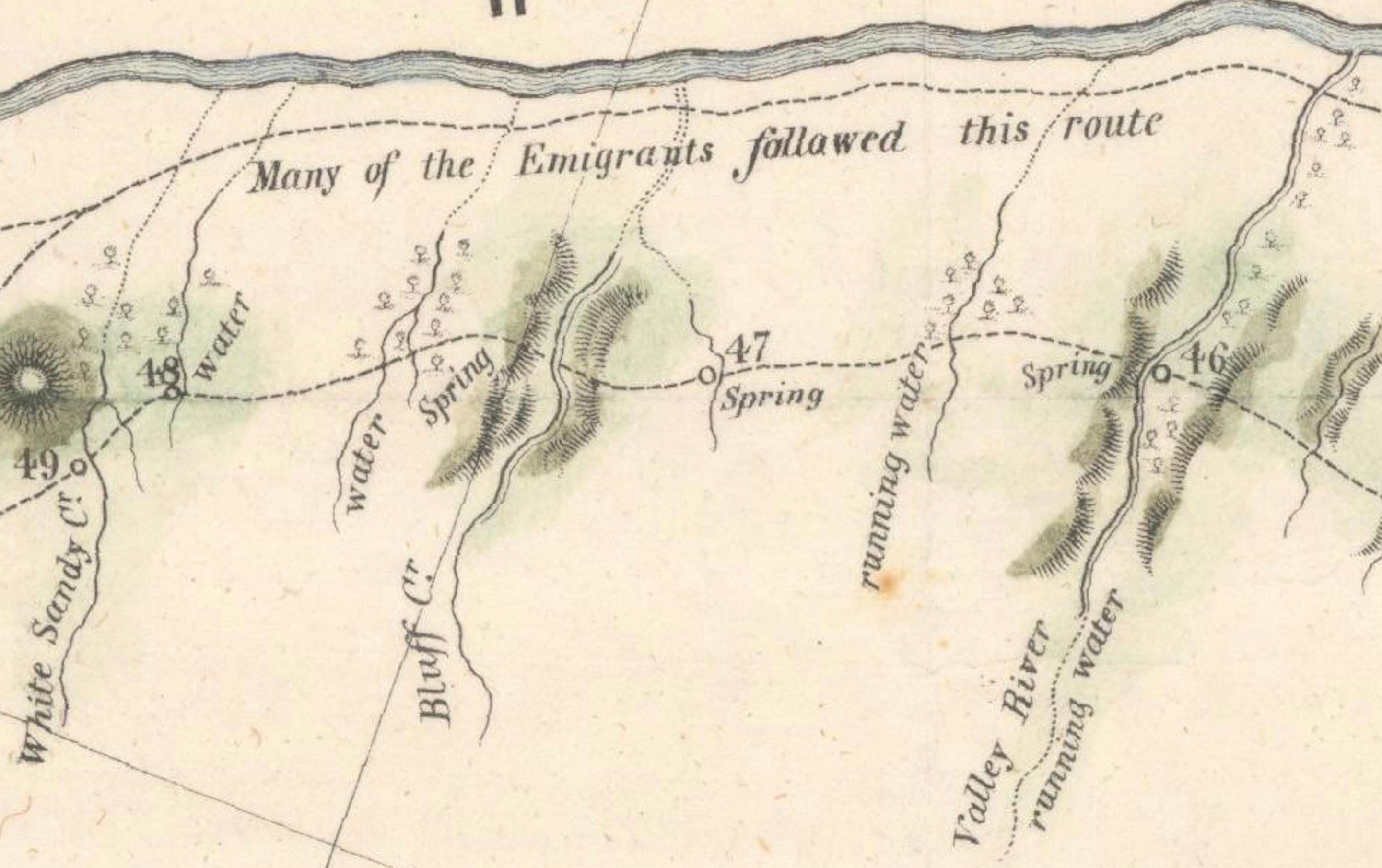 Mid-19th Century 1849 Hand-Colored Map of Fort Smith to Santa Fe Route, Detailing Trails & Camps For Sale