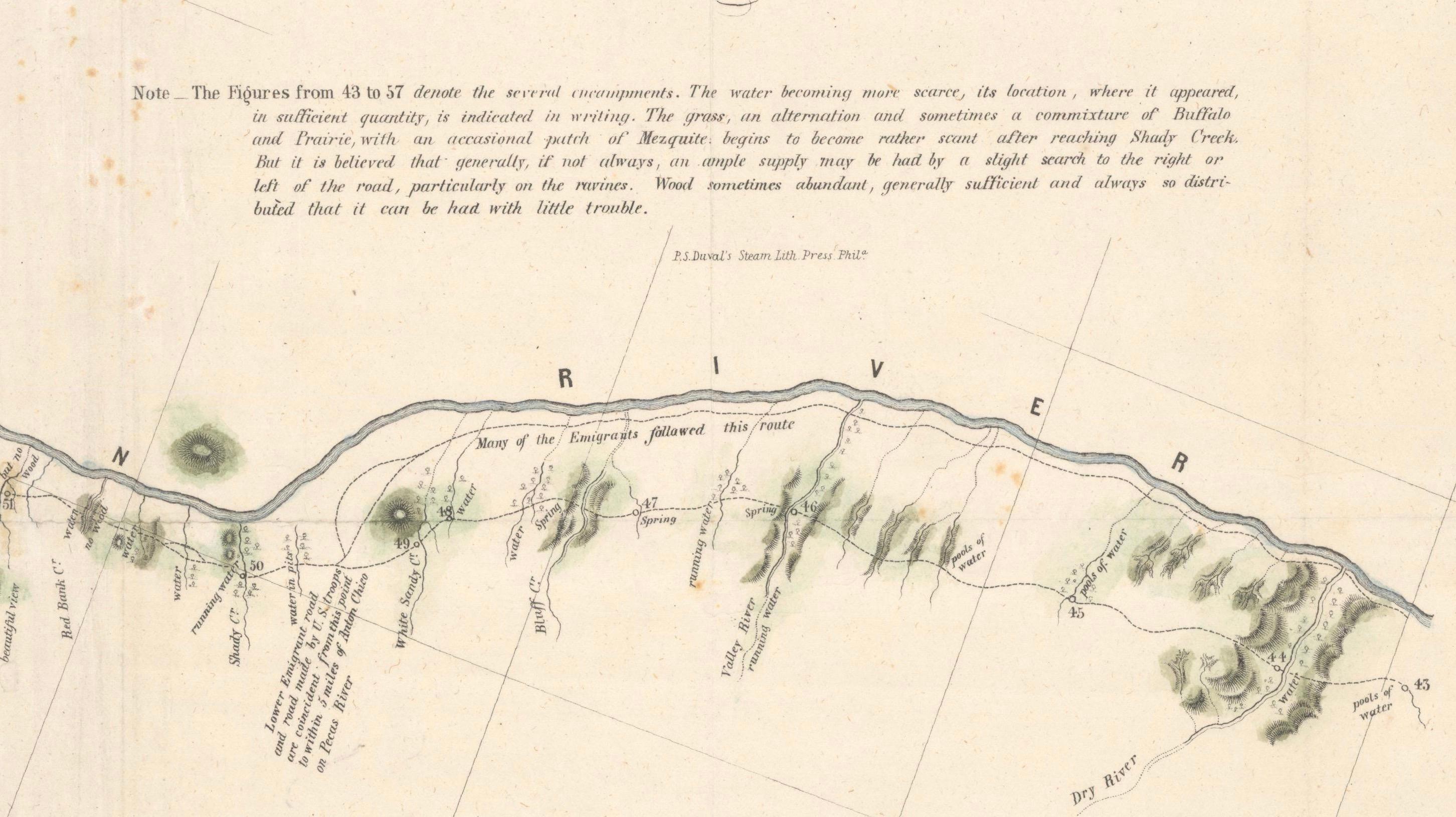 1849 Hand-Colored Map of Fort Smith to Santa Fe Route, Detailing Trails & Camps For Sale 1