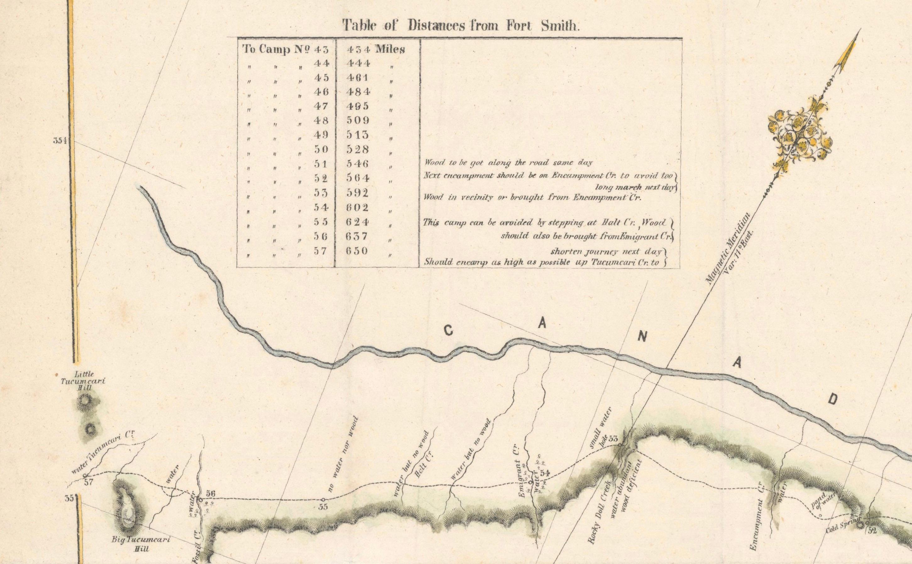 1849 Hand-Colored Map of Fort Smith to Santa Fe Route, Detailing Trails & Camps For Sale 2