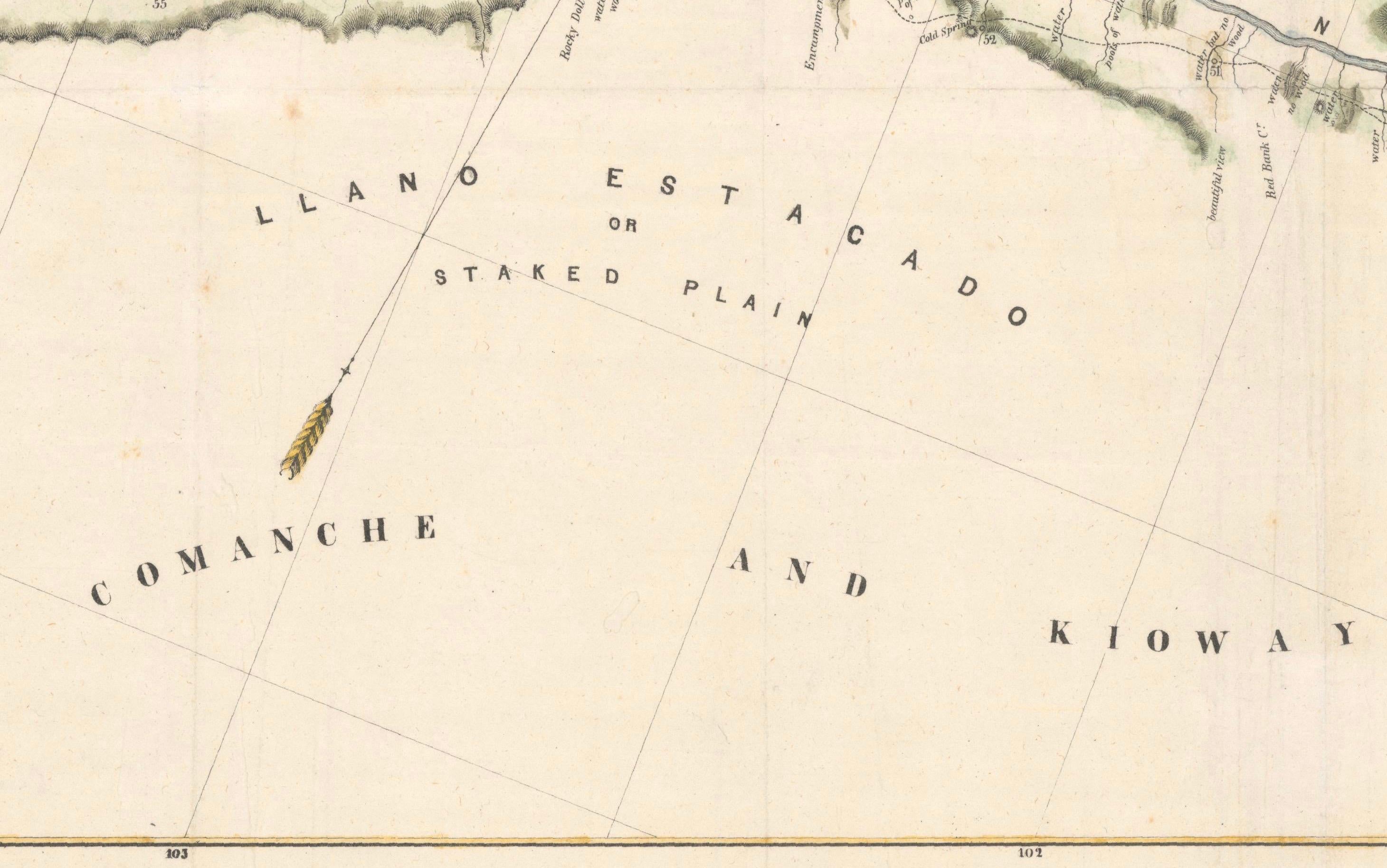 1849 Hand-Colored Map of Fort Smith to Santa Fe Route, Detailing Trails & Camps For Sale 3