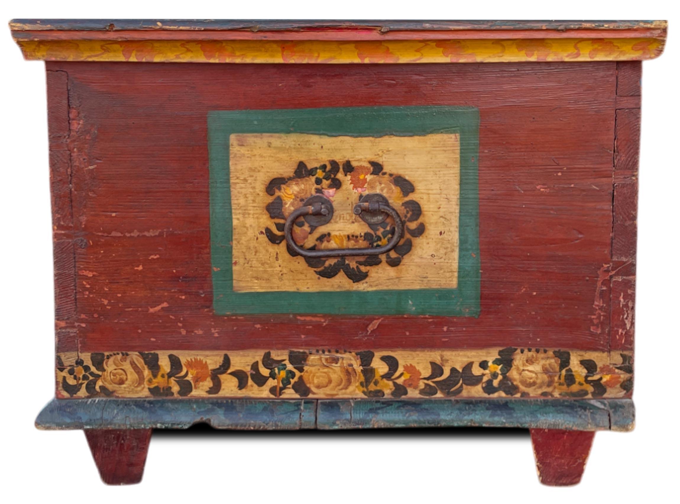 1849 Red Floral Painted Alpine Blanket Chest 2