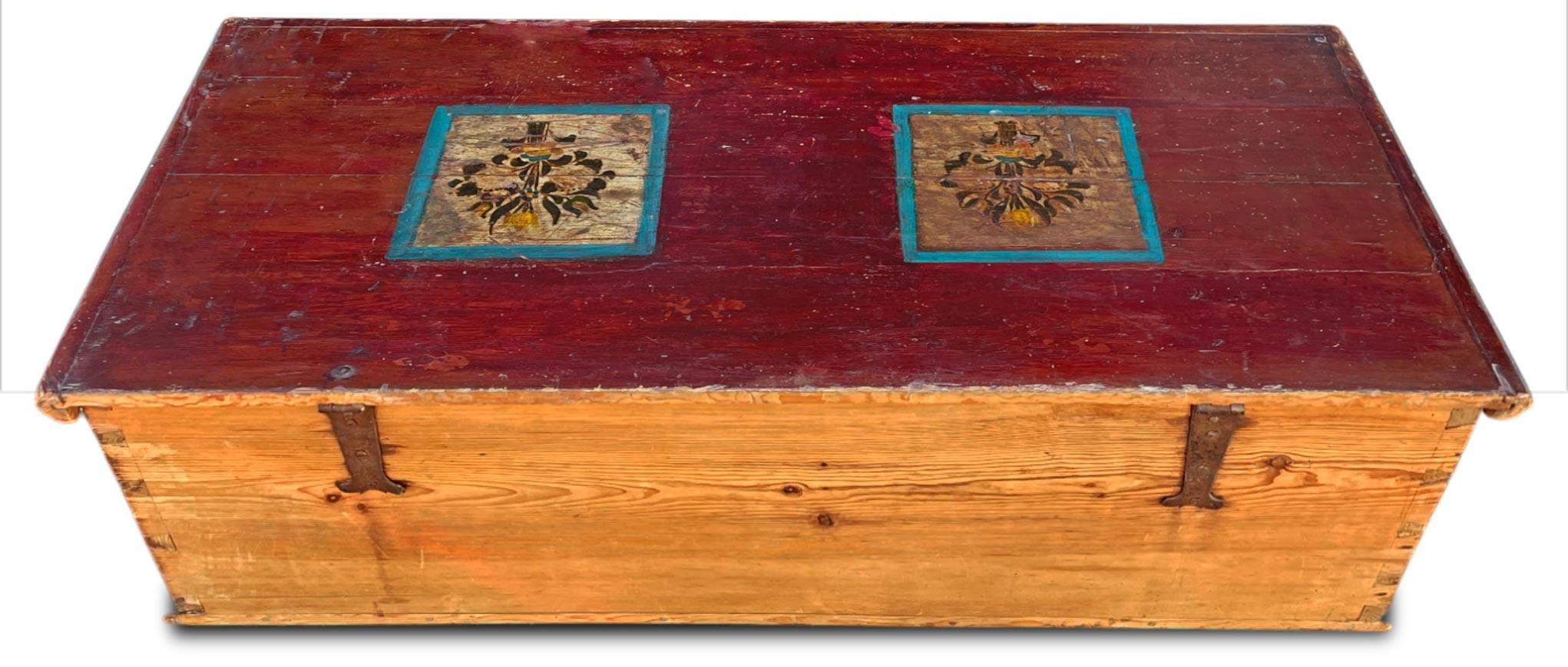 1849 Red Floral Painted Alpine Blanket Chest 3