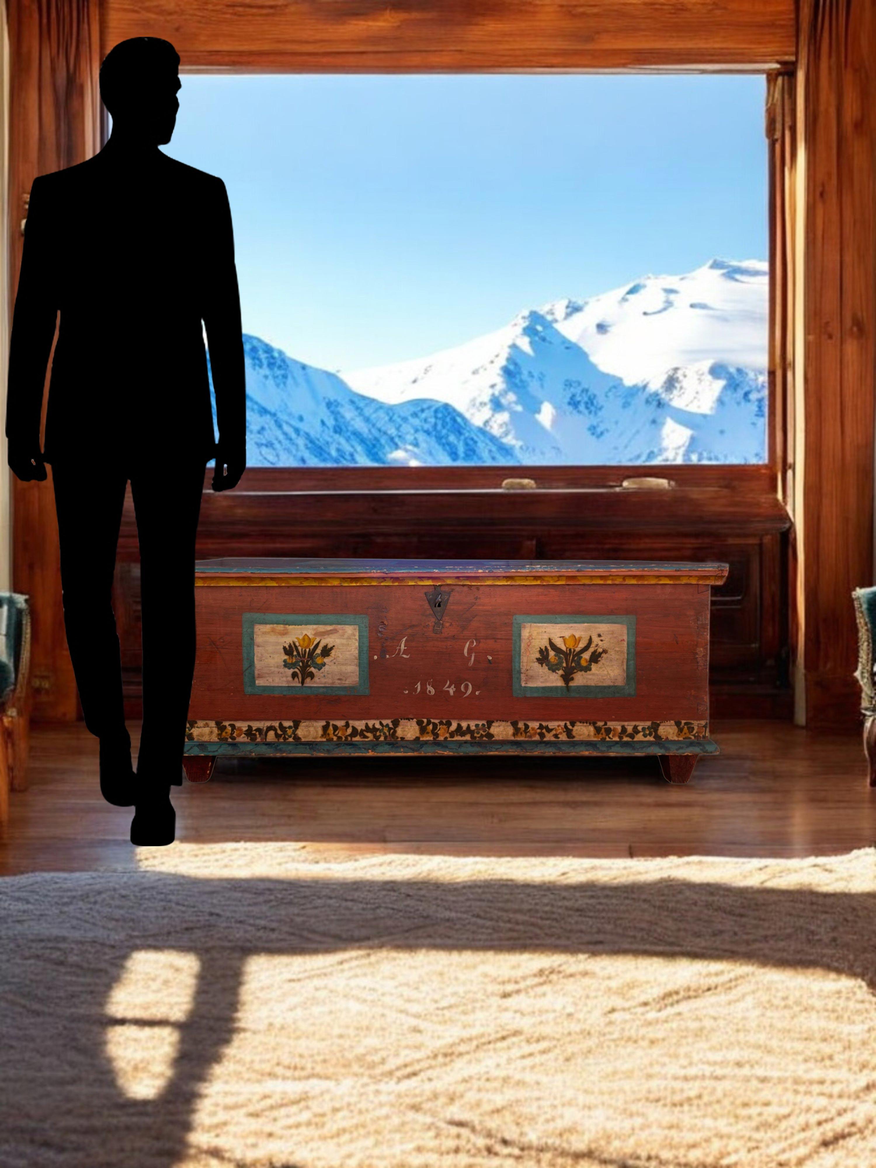 1849 Red Floral Painted Alpine Blanket Chest 11