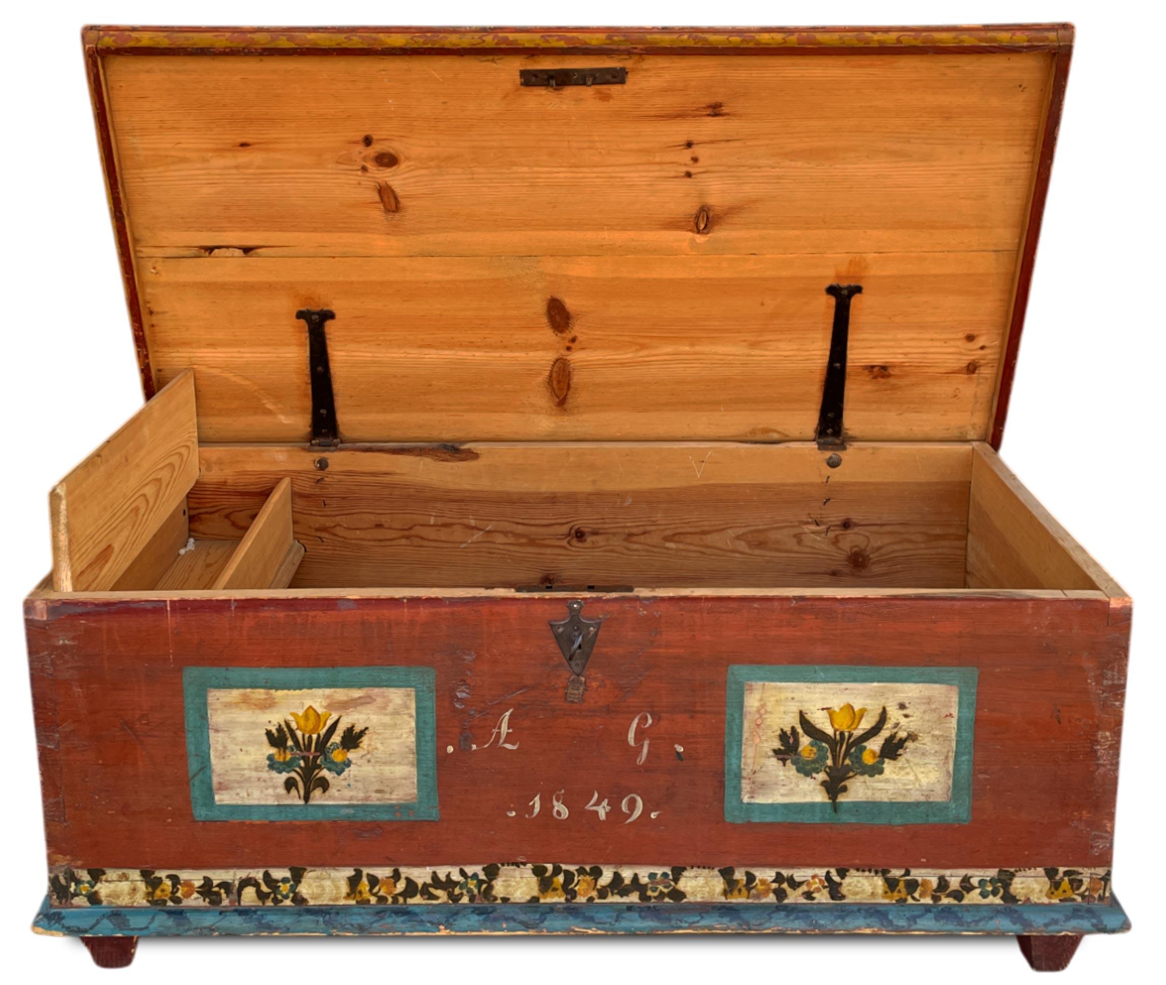 Alpine Red Painted Chest dated 1849

Measurements: H. 47 cm – W. 117 cm – D. 59 cm
Period: 1849
Origin: Tyrol
Wood: Fir

Description

Particular brick red painted chest dated 1849. On the front, sides and lid there are panels with small bunches of