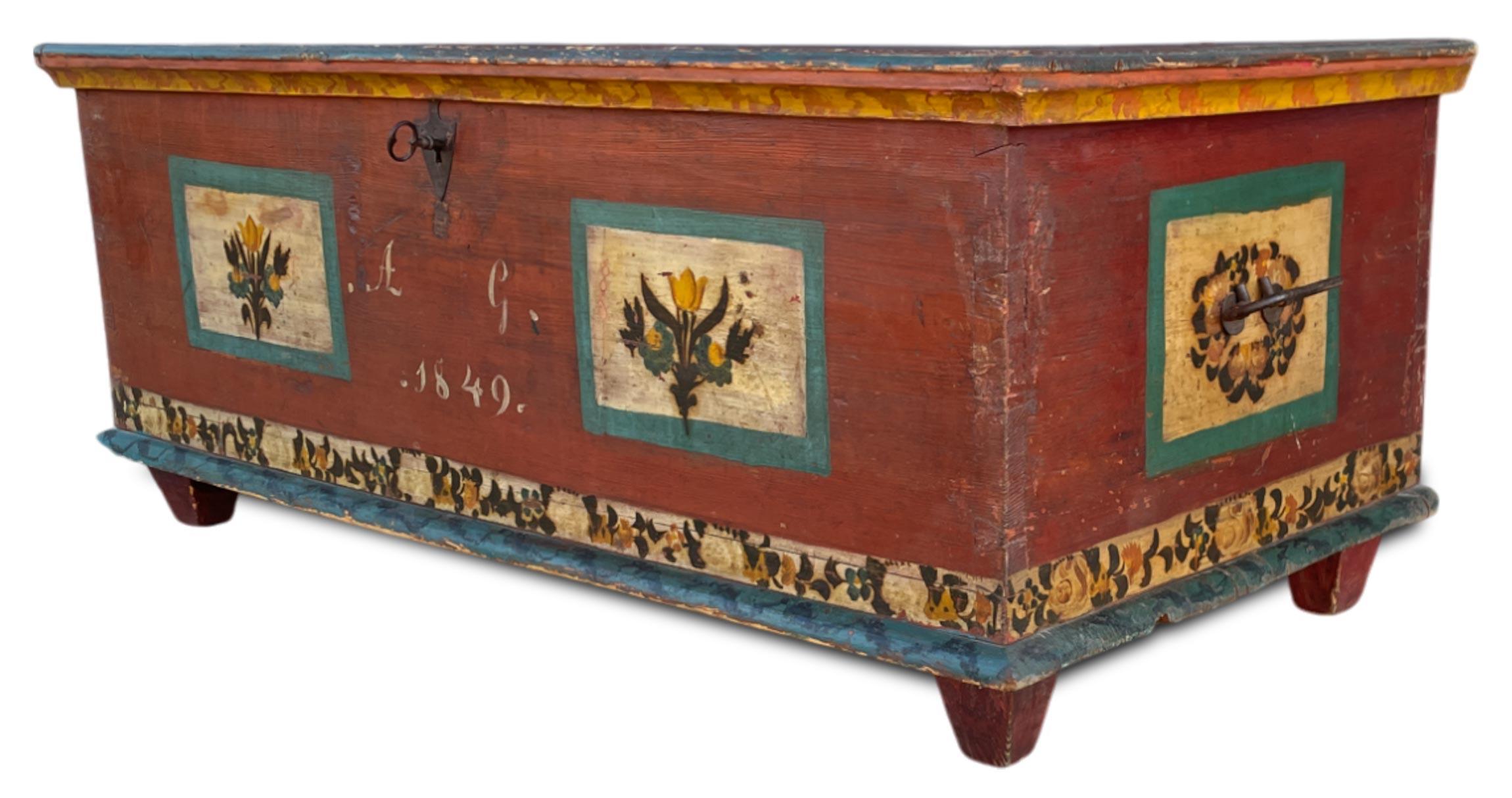 Altro 1849 Red Floral Painted Alpine Blanket Chest