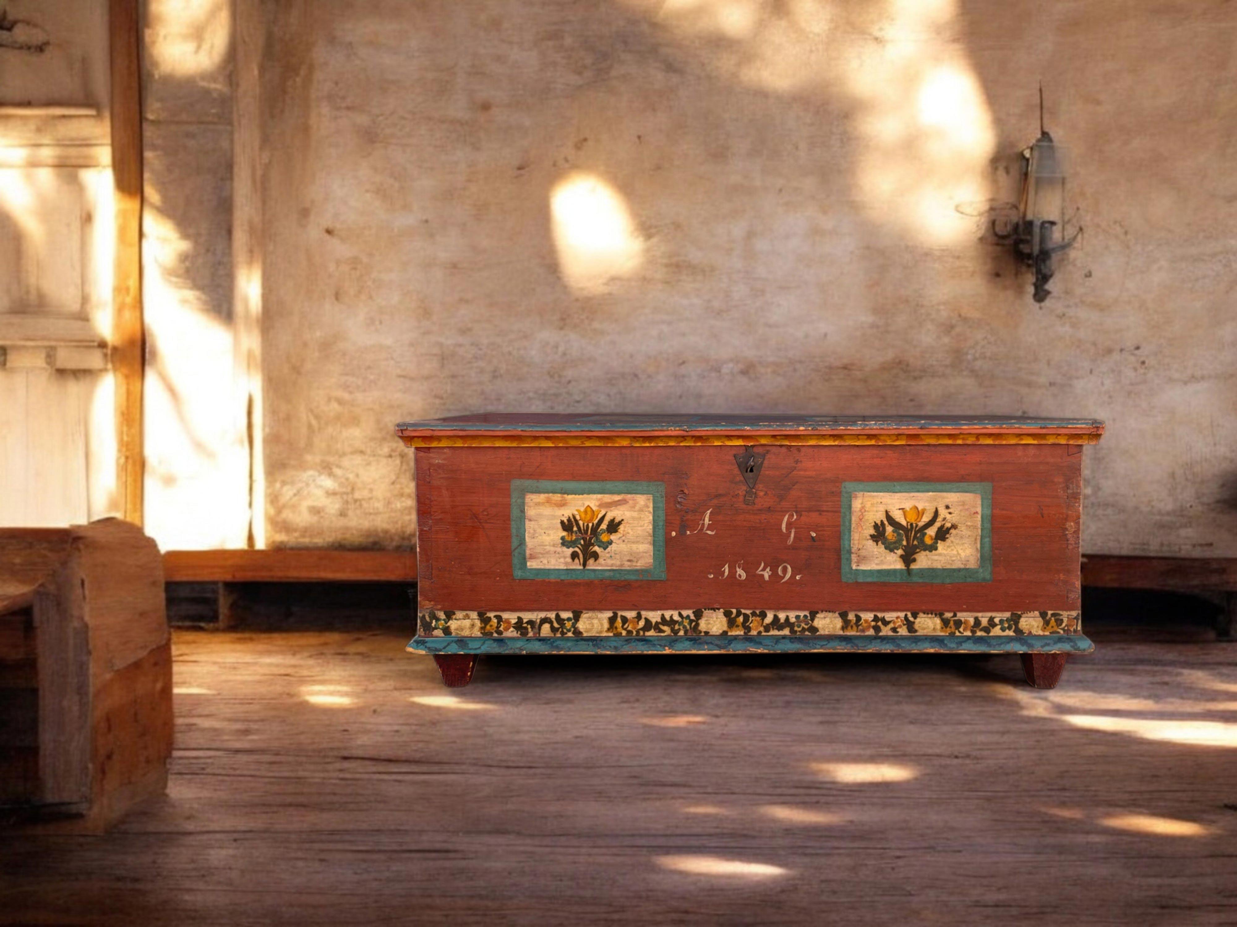 Dipinto a mano 1849 Red Floral Painted Alpine Blanket Chest