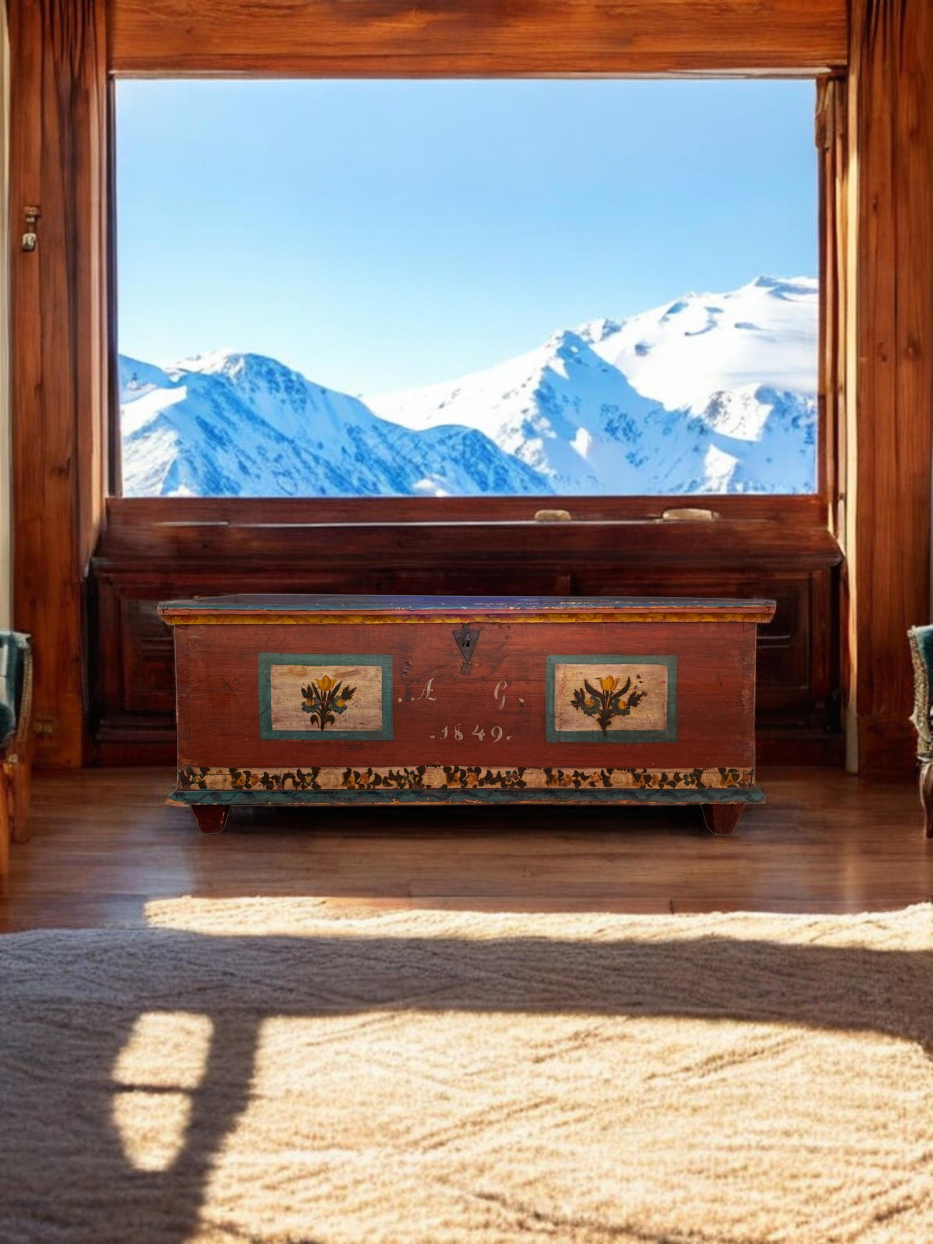 Abete 1849 Red Floral Painted Alpine Blanket Chest