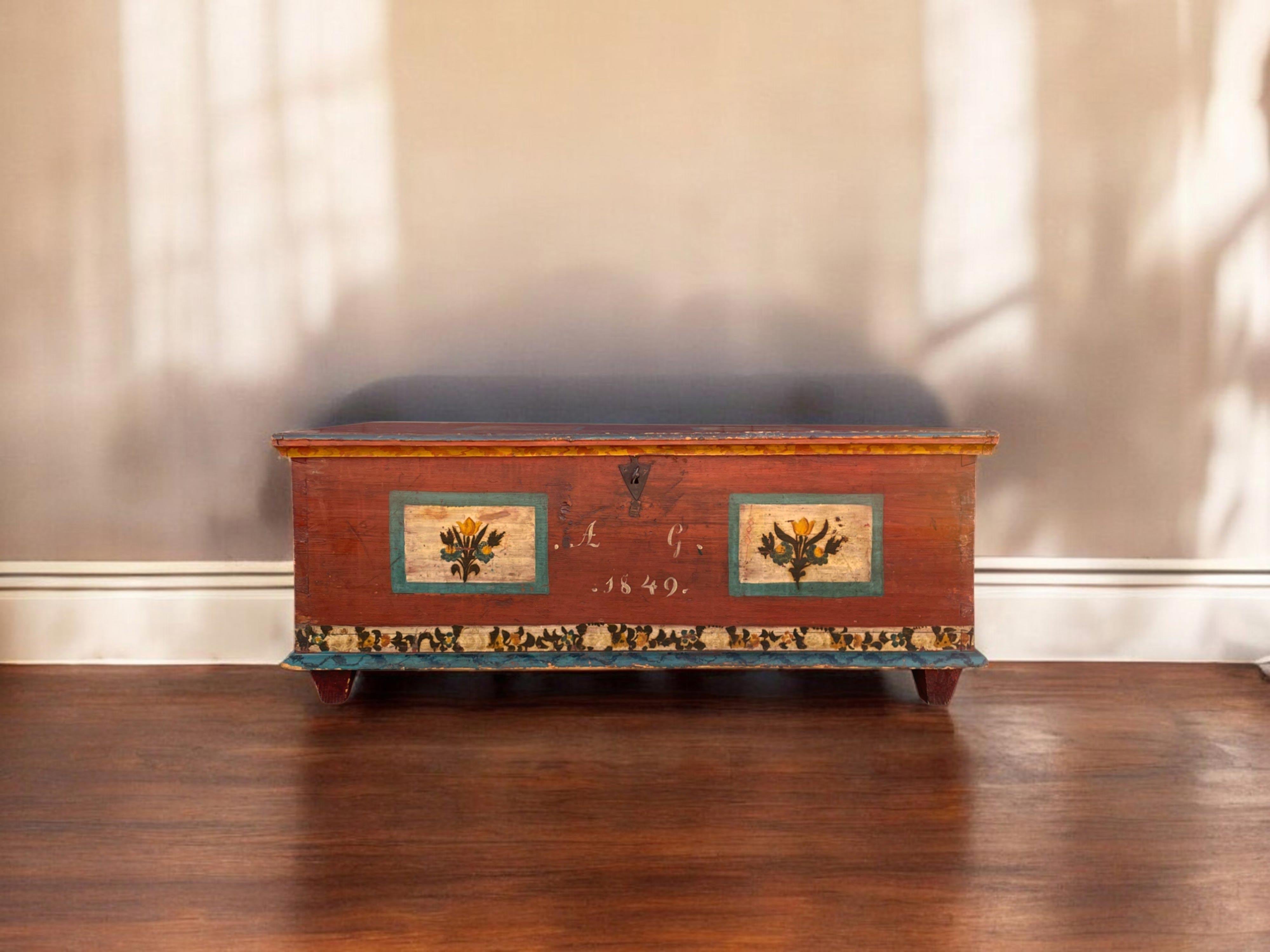 1849 Red Floral Painted Alpine Blanket Chest 1