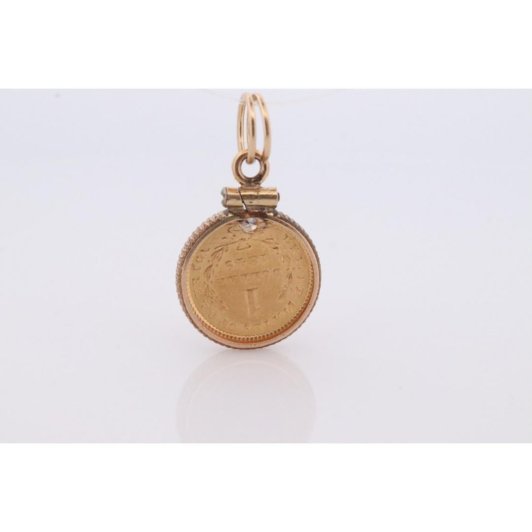 1849 US 1 dollar Liberty Head 900 or 22K (21.6K) Pièce en or sertie dans un coffret 14k jaune. Bon état à Port Charlotte, FL