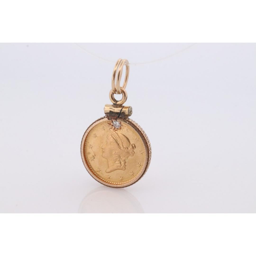  1849 US 1 dollar Liberty Head 900 or 22K (21.6K) Pièce en or sertie dans un coffret 14k jaune. Pour femmes 