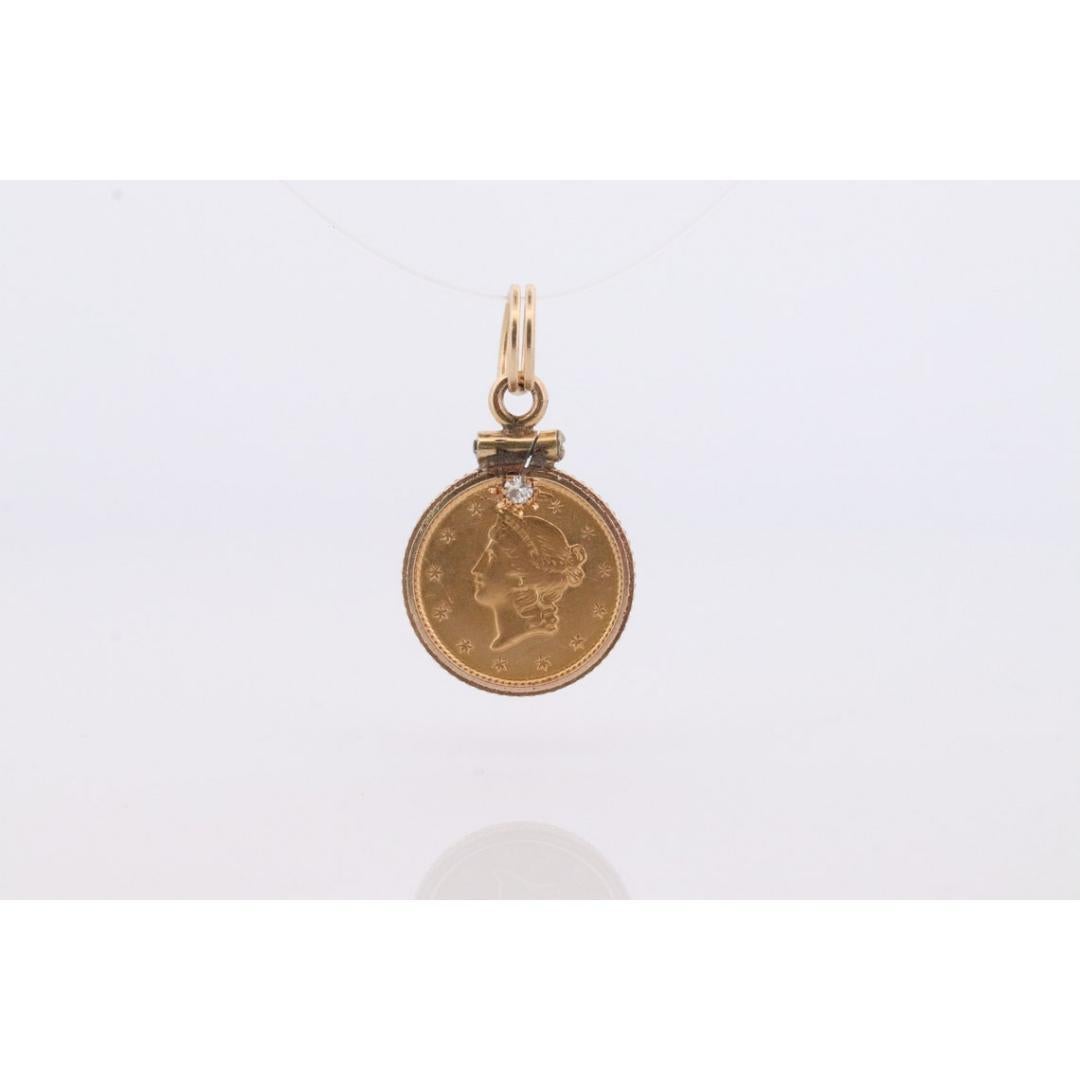 1849 US 1 dollar Liberty Head 900 or 22K (21.6K) Pièce en or sertie dans un coffret 14k jaune. 2