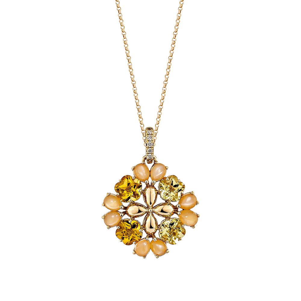 This fancy lemon quartz and citrine pendant flower has a yellow hue. Accented with pear-cabochon cut orange moonstones and diamonds, this pendant is made in rose gold and presents a beautiful yet elegant look.

Lemon Quartz & Citrine Pendant in
