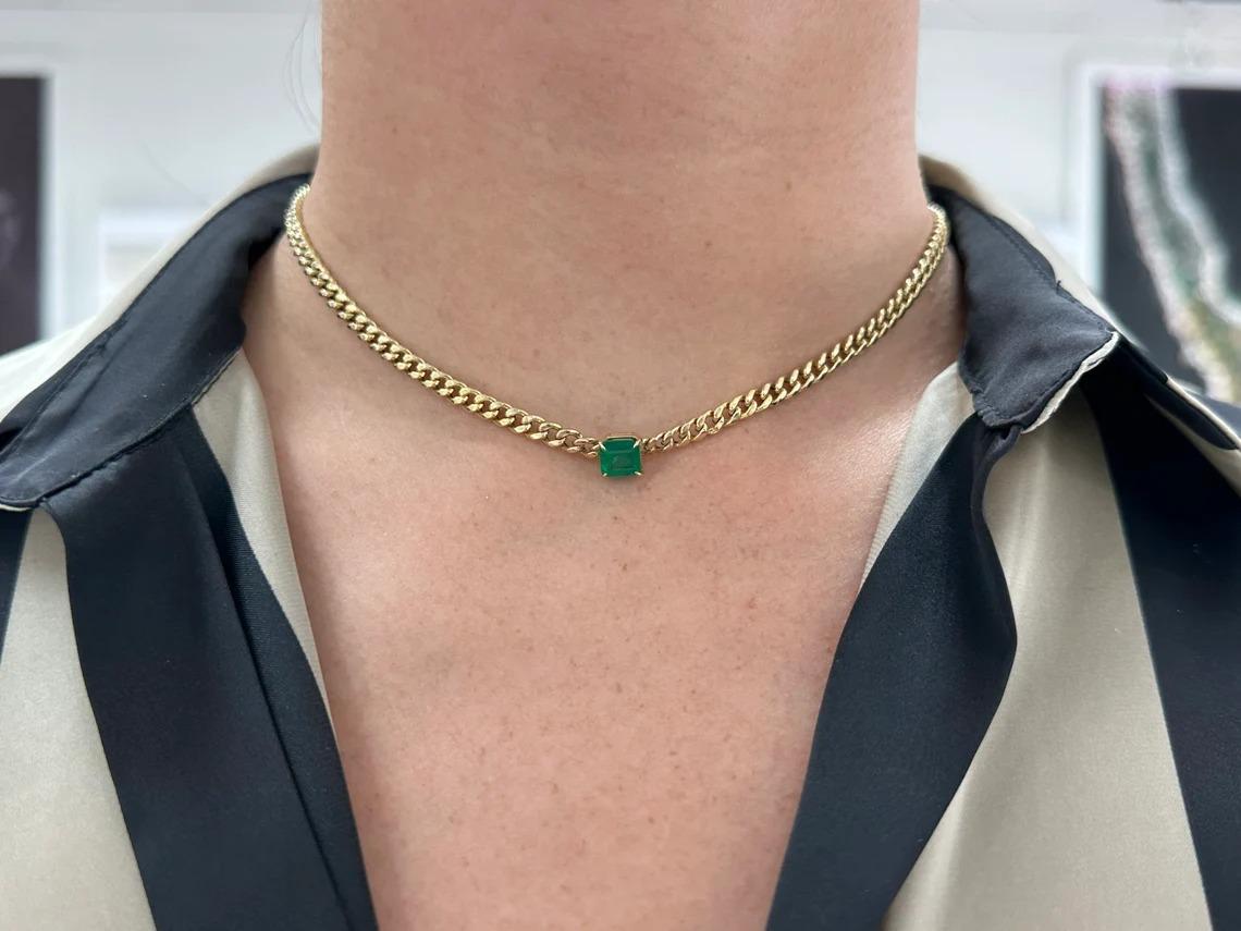 1.84 Karat 14K Reicher Grüner Smaragd im Asscher-Schliff Kurb/Kuban Gliederkette Halskette Chocker Damen im Angebot