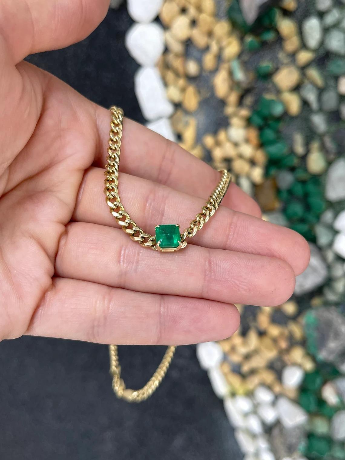 1.84ct 14K Rich Green Asscher Cut Emerald Curb/Cuban Link Chain Necklace Chocker In New Condition For Sale In Jupiter, FL