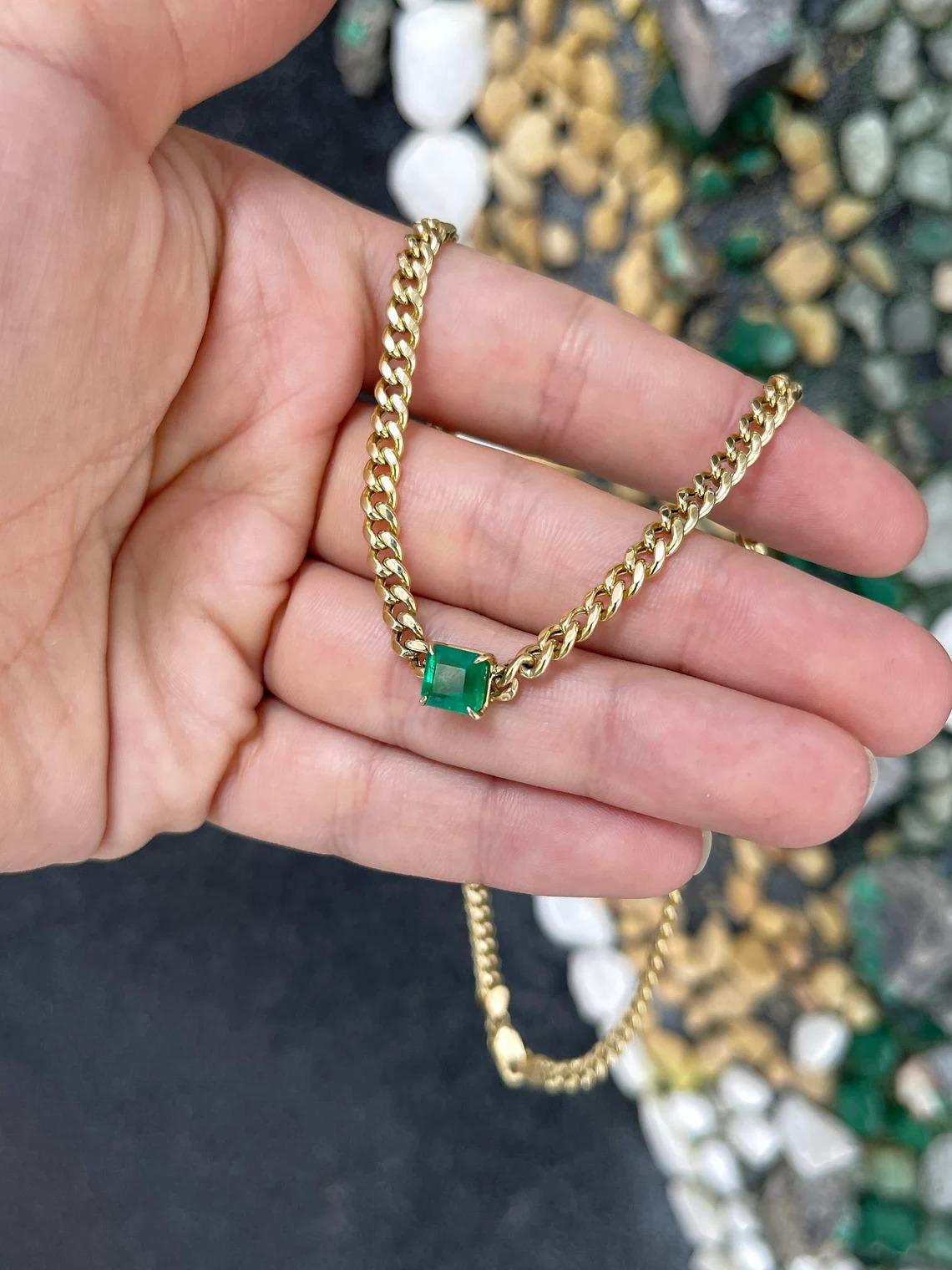 Women's 1.84ct 14K Rich Green Asscher Cut Emerald Curb/Cuban Link Chain Necklace Chocker For Sale