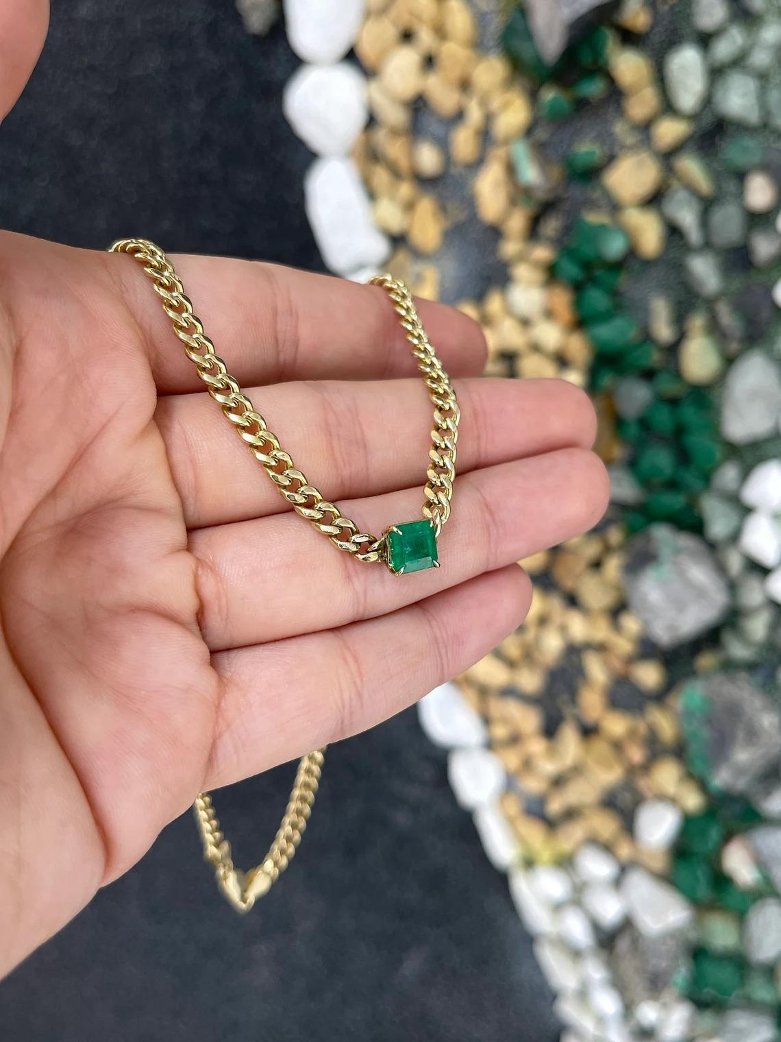 1.84ct 14K Rich Green Asscher Cut Emerald Curb/Cuban Link Chain Necklace Chocker For Sale 1