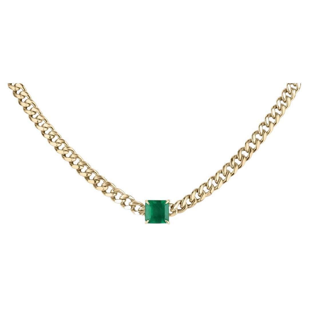 1.84ct 14K Rich Green Asscher Cut Emerald Curb/Cuban Link Chain Necklace Chocker For Sale