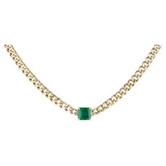 Used 1.84ct 14K Rich Green Asscher Cut Emerald Curb/Cuban Link Chain Necklace Chocker