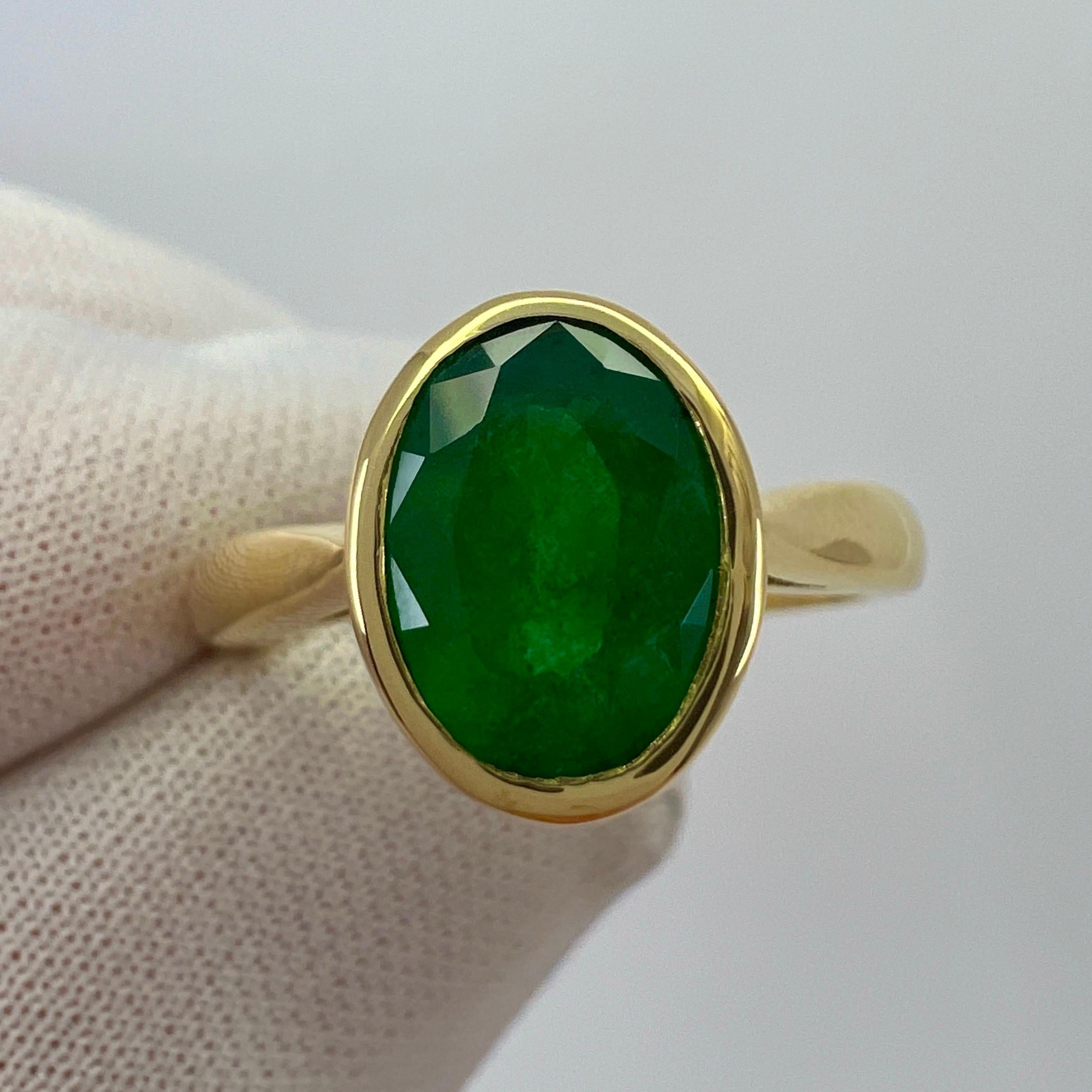 1.84ct Deep Green Emerald Oval Cut 18k Yellow Gold Rubover Bezel Solitaire Ring 6