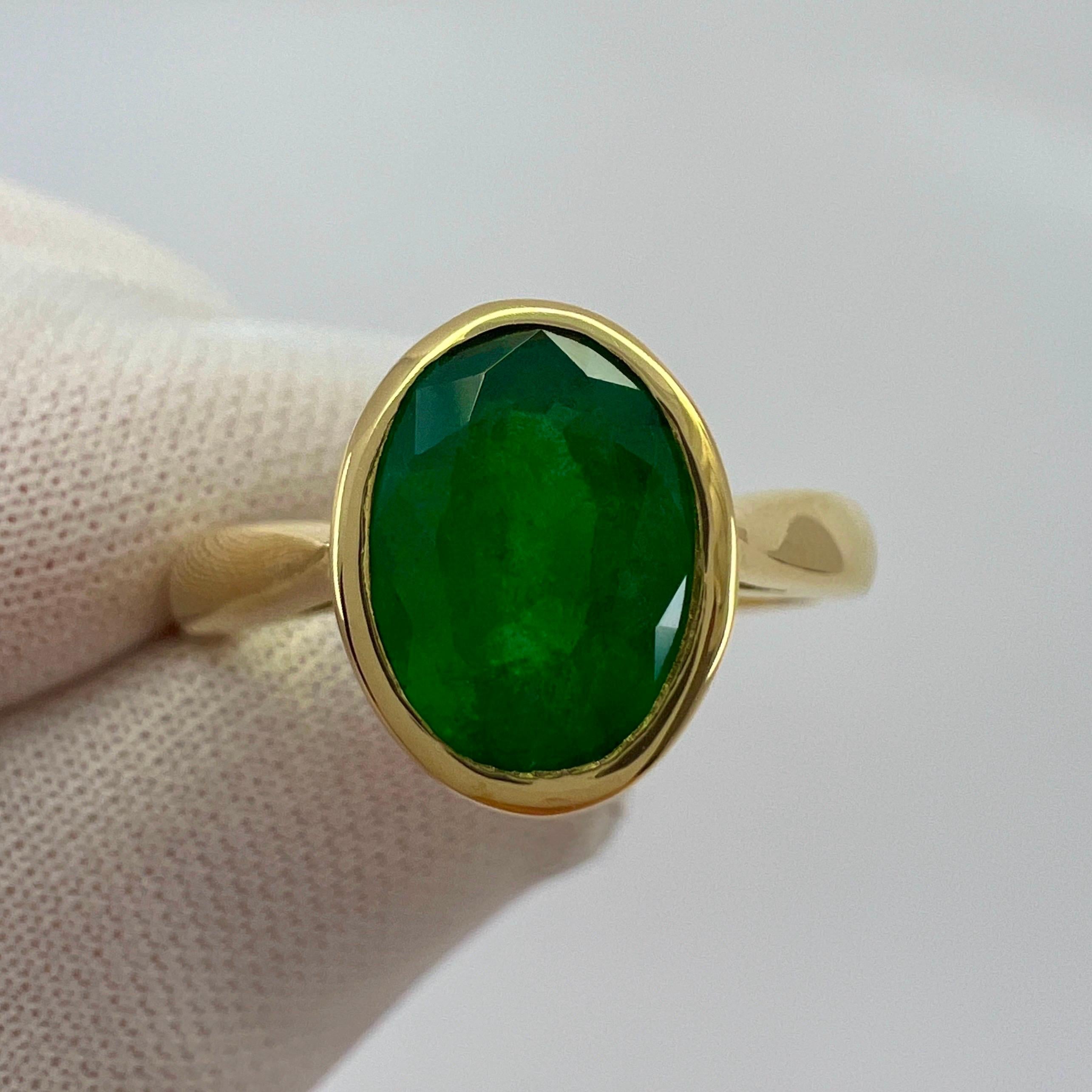 Women's or Men's 1.84ct Deep Green Emerald Oval Cut 18k Yellow Gold Rubover Bezel Solitaire Ring