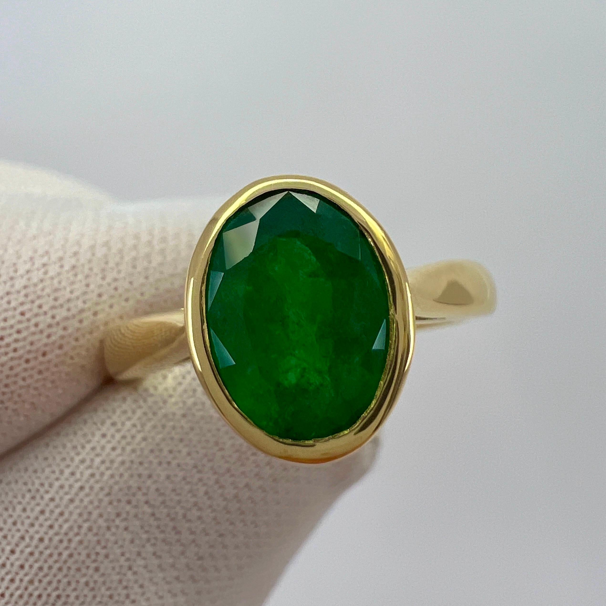 1.84ct Deep Green Emerald Oval Cut 18k Yellow Gold Rubover Bezel Solitaire Ring 1