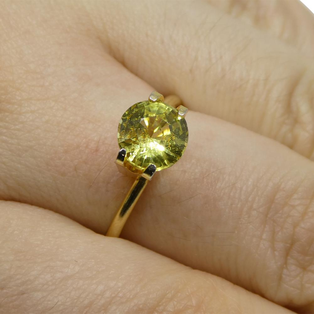 Description:

Gem Type: Chrysoberyl
Number of Stones: 1
Weight: 1.84 cts
Measurements: 7.44 x 7.41 x 4.63 mm
Shape: Round
Cutting Style Crown: Brilliant Cut
Cutting Style Pavilion: Step Cut
Transparency: Transparent
Clarity: Slightly Included: Some