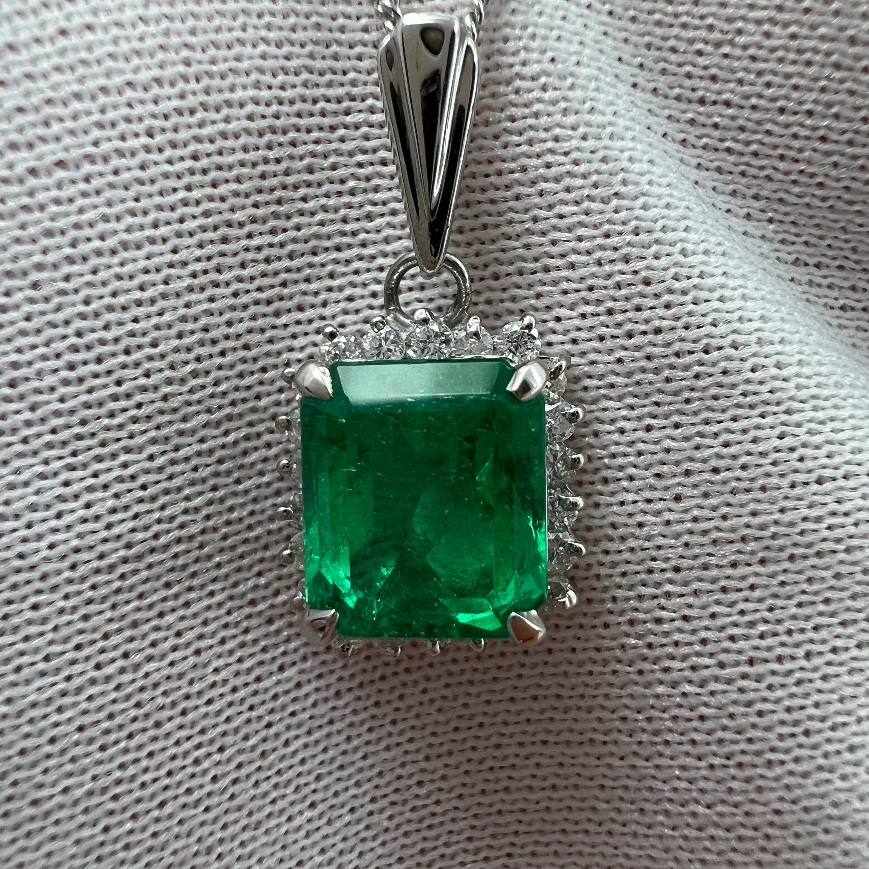 1.84ct Vivid Green Colombian Emerald and Diamond Platinum Halo Pendant Necklace 1