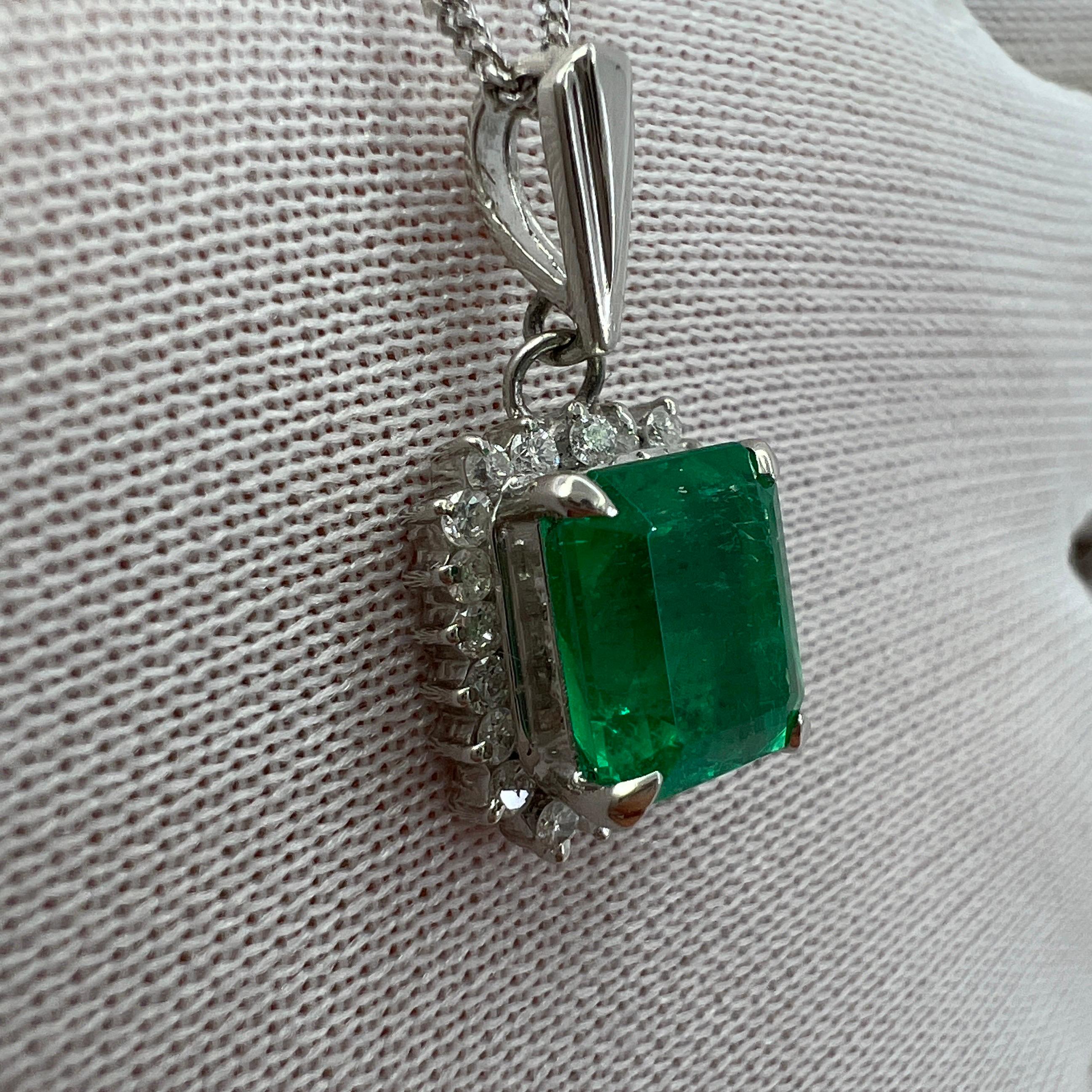 1.84ct Vivid Green Colombian Emerald and Diamond Platinum Halo Pendant Necklace 2