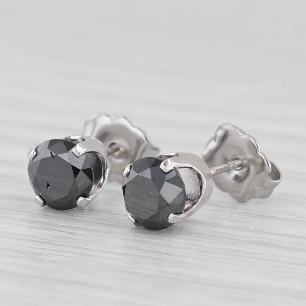 Round Cut 1.84ctw Black Diamond Stud Earrings 14k White Gold Round Solitaire Studs For Sale