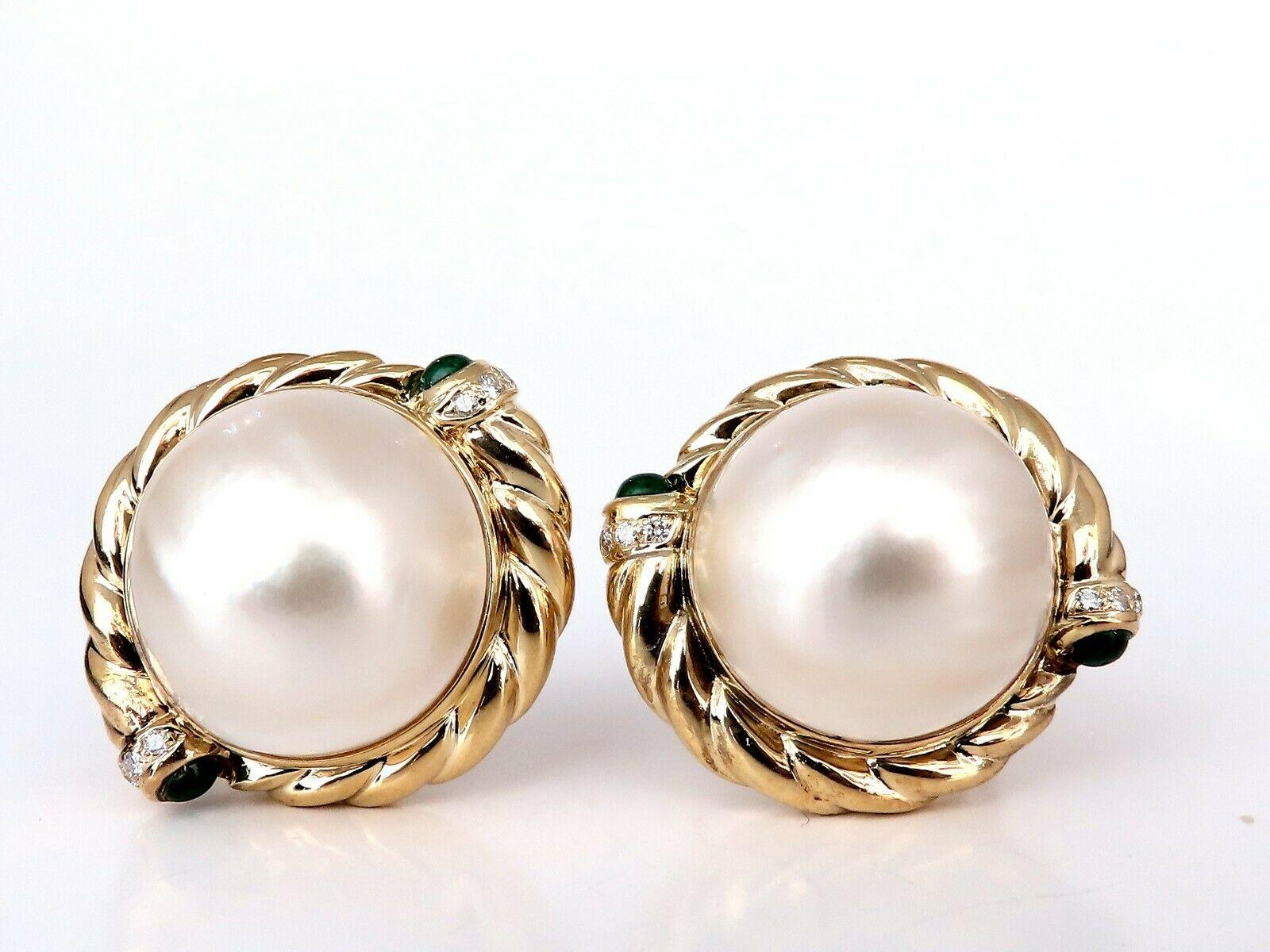 Cabochon Mabe Pearls .80ct Emerald Clip Earrings 18kt Gold For Sale