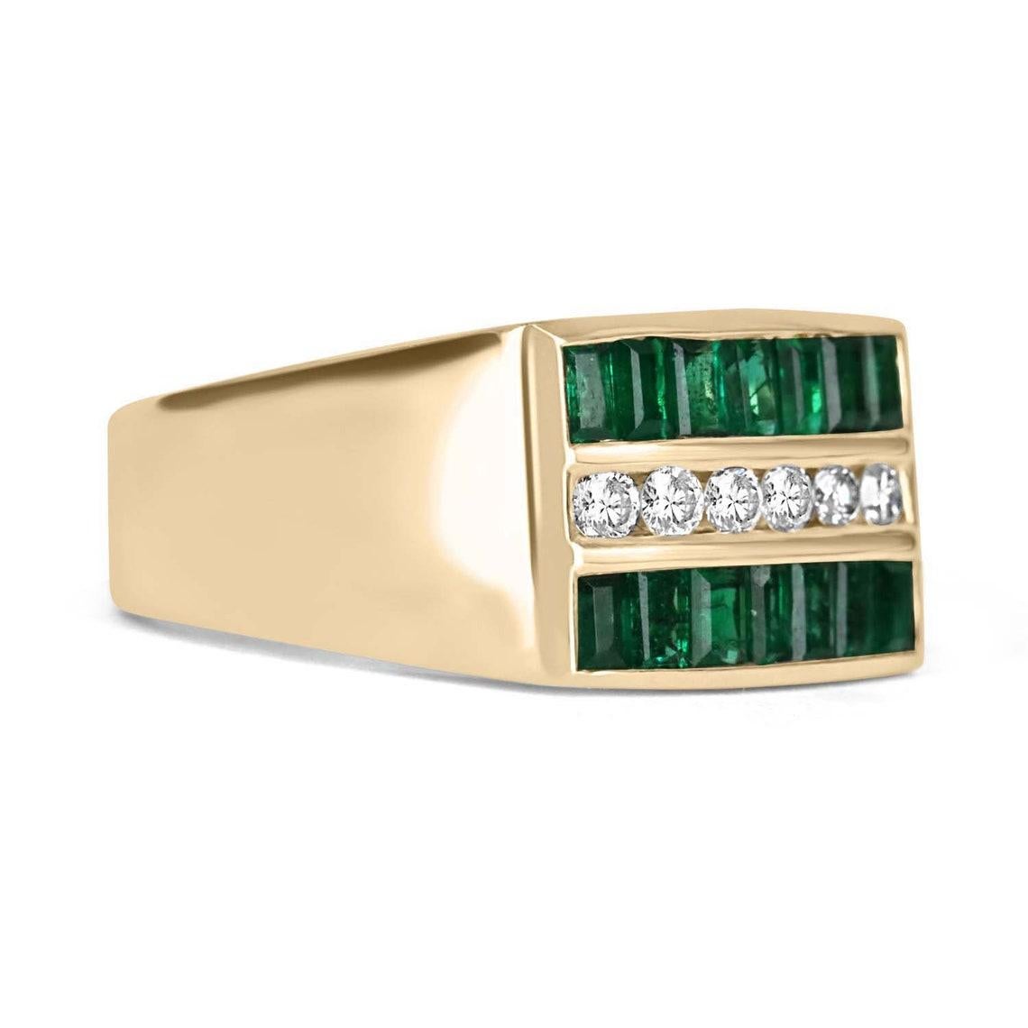 A mens' emerald and diamond channel set band. This band features natural baguette-cut emeralds and brilliant round diamonds. Each emerald has been meticulously hand-selected to ensure maximum quality. The smooth band is wide and comfortable for