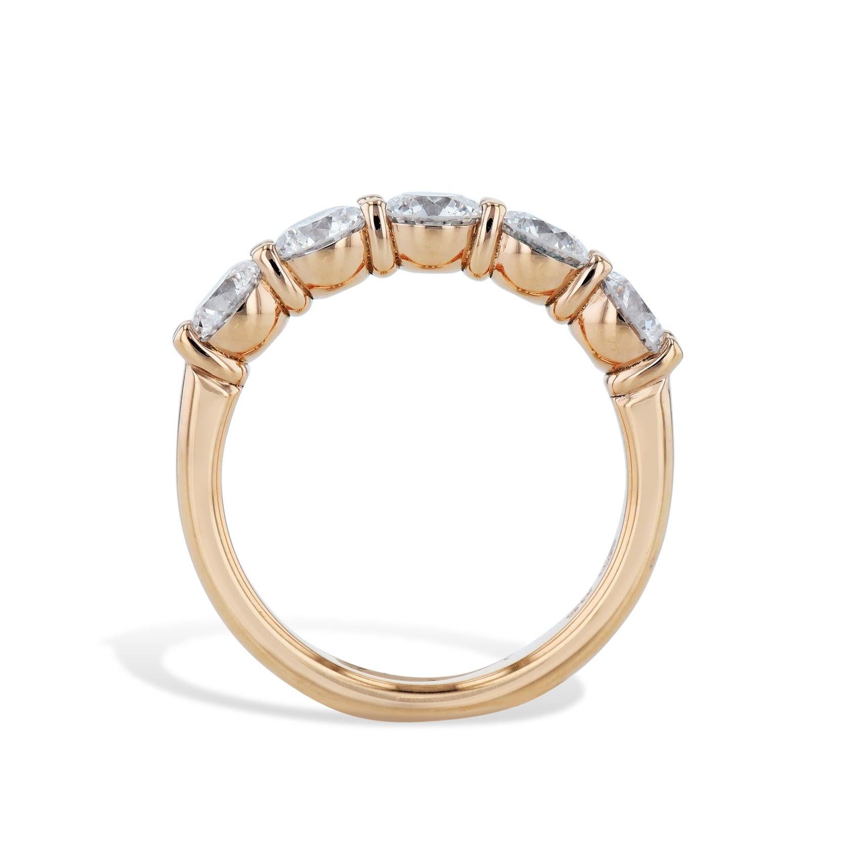 This 5 Stone Diamond Rose Gold Band Ring is handcrafted with 18kt Rose Gold and diamonds. 
All of the diamonds are certified by GIA. 
 
Slip on this exquisite piece for a classic-meets-modern style, perfectly sized at 6.5. 

Handmade by H&H